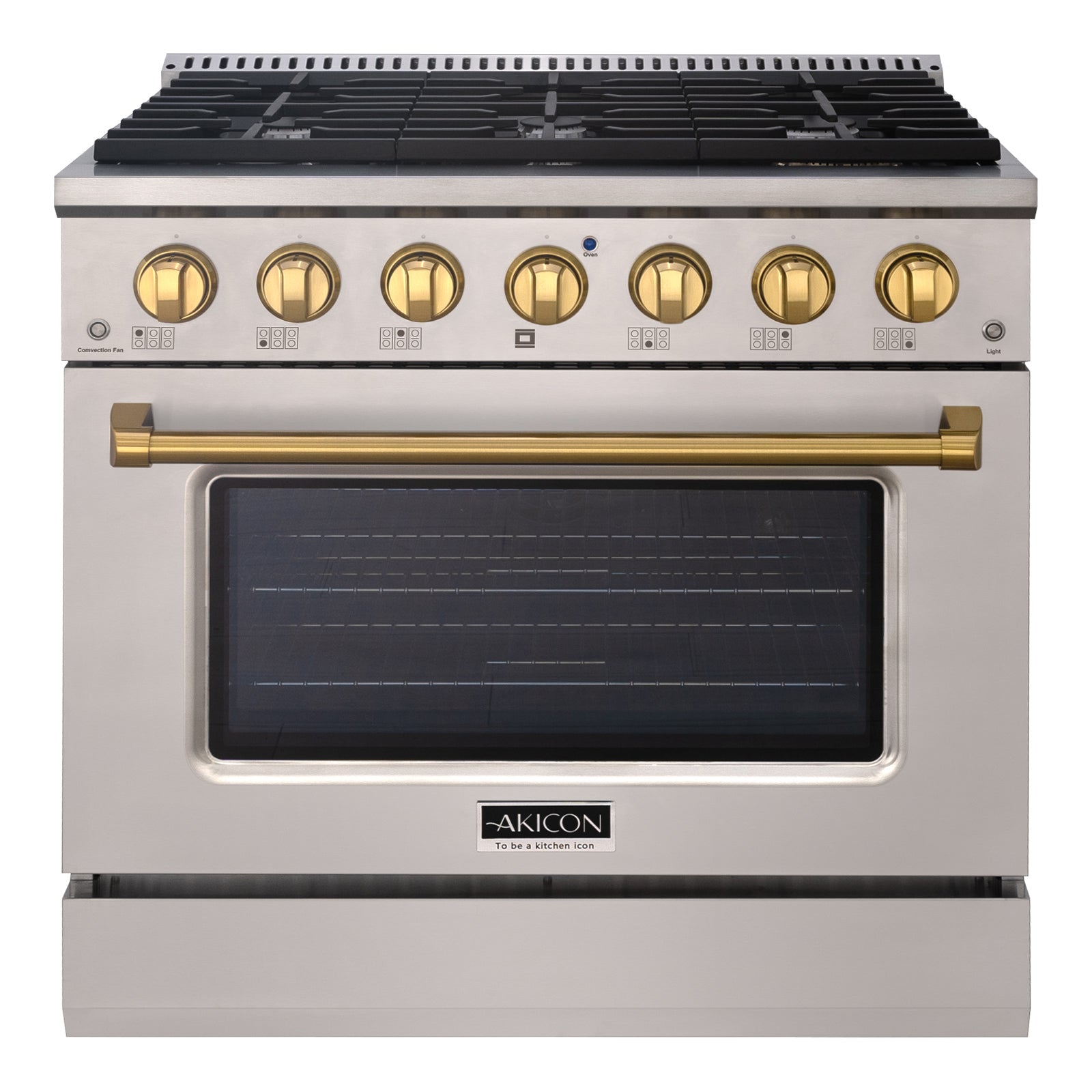 Akicon 36" Slide-in Freestanding Professional Style Gas Range with 5.2 Cu. Ft. Oven, 6 Burners, Convection Fan, Cast Iron Grates. Stainless Steel & Gold - AK-JK36A1-SG