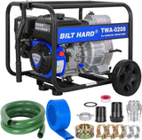 BILT HARD Trash Pump 3 inch, 264 GPM 6.5HP Gas Powered Full Trash Water Pump with Handle and Wheels, 50 ft Discharge Hose, 15 ft Suction Hose with Complete Fittings - TWA-0208+TWA-0204