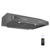 Awoco RH-UC7 30” Under Cabinet 7” High Stainless Steel Black Range Hood, 6 Speeds with Gesture Sensing Touch Control Panel, 900 CFM with Remote Control, 5W LED Light Bar - RH-UC7-30BLK-6