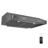Awoco RH-UC7 30” Under Cabinet 7” High Stainless Steel Black Range Hood, 6 Speeds with Gesture Sensing Touch Control Panel, 900 CFM with Remote Control, 5W LED Light Bar - RH-UC7-30BLK-6