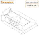 Awoco RH-UC7 30” Under Cabinet 7” High Stainless Steel Black Range Hood, 6 Speeds with Gesture Sensing Touch Control Panel, 900 CFM with Remote Control, 5W LED Light Bar - RH-UC7-30BLK-6