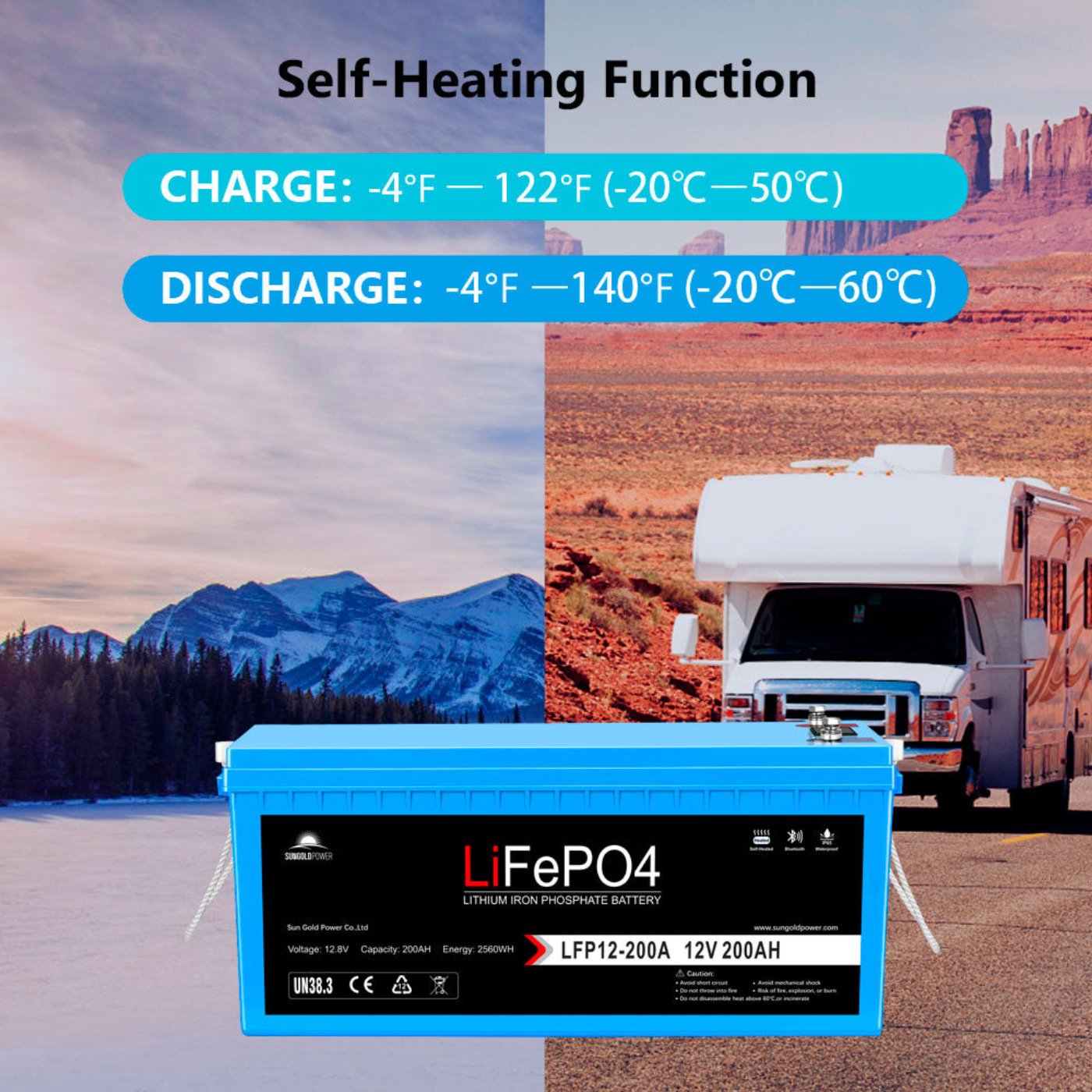 Sun Gold 12V 200Ah LiFePo4 Deep Cycle Lithium Battery Bluetooth / Self-Heating / IP65