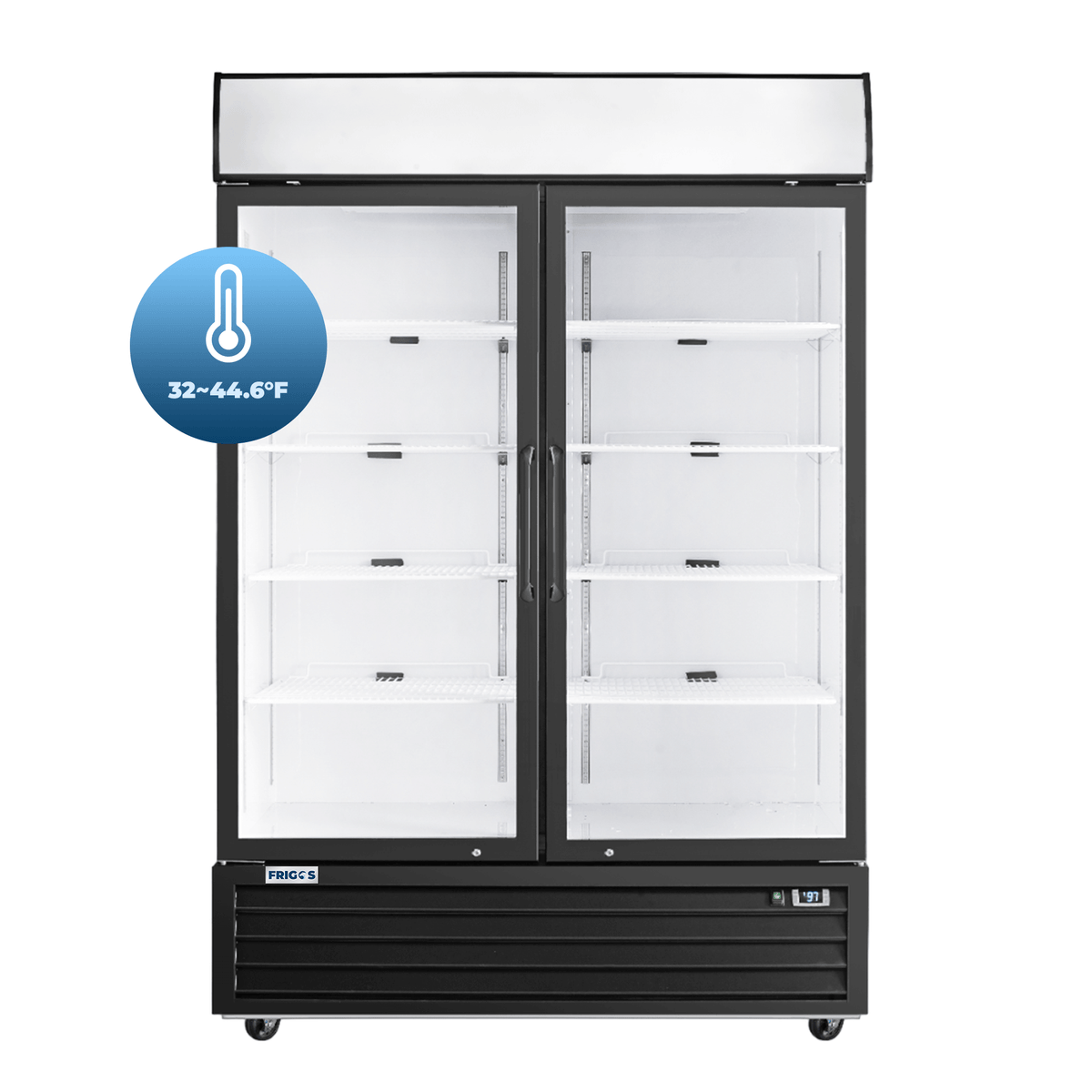 Frigos Merchandiser Refrigerator 54" Width Black Swing Glass 2 Door with LED Lighting Frigos FG-MR-2D-G with Aluminum Interior with 304 Stainless Steel Floor - FG-MR-2D-G