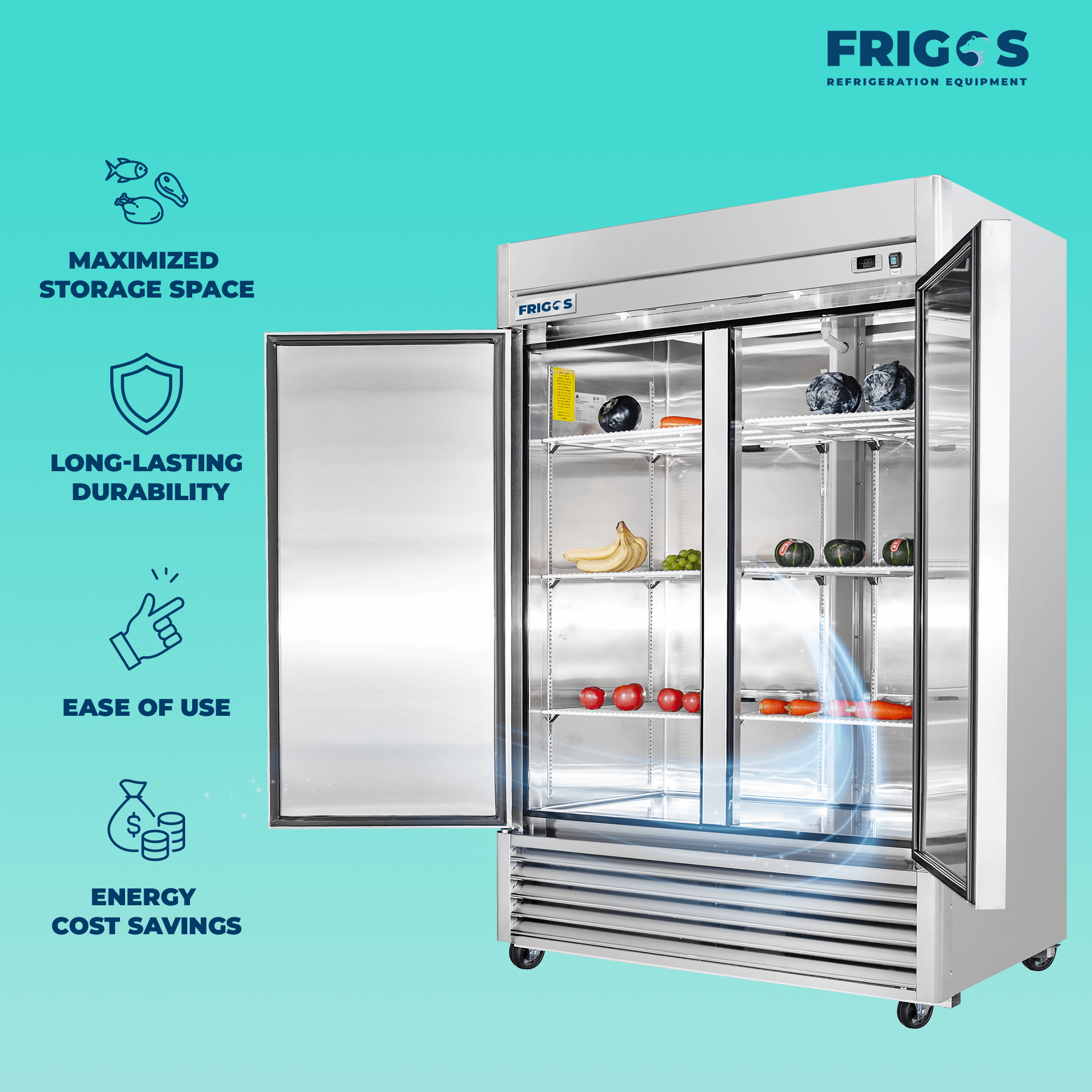 Frigos Commercial Reach in Freezer 54" Width Solid 2 Door 47 Cu Ft Frigos FG-FZ-2D with Aluminum Interior with 304 Stainless Steel Floor - FG-FZ-2D