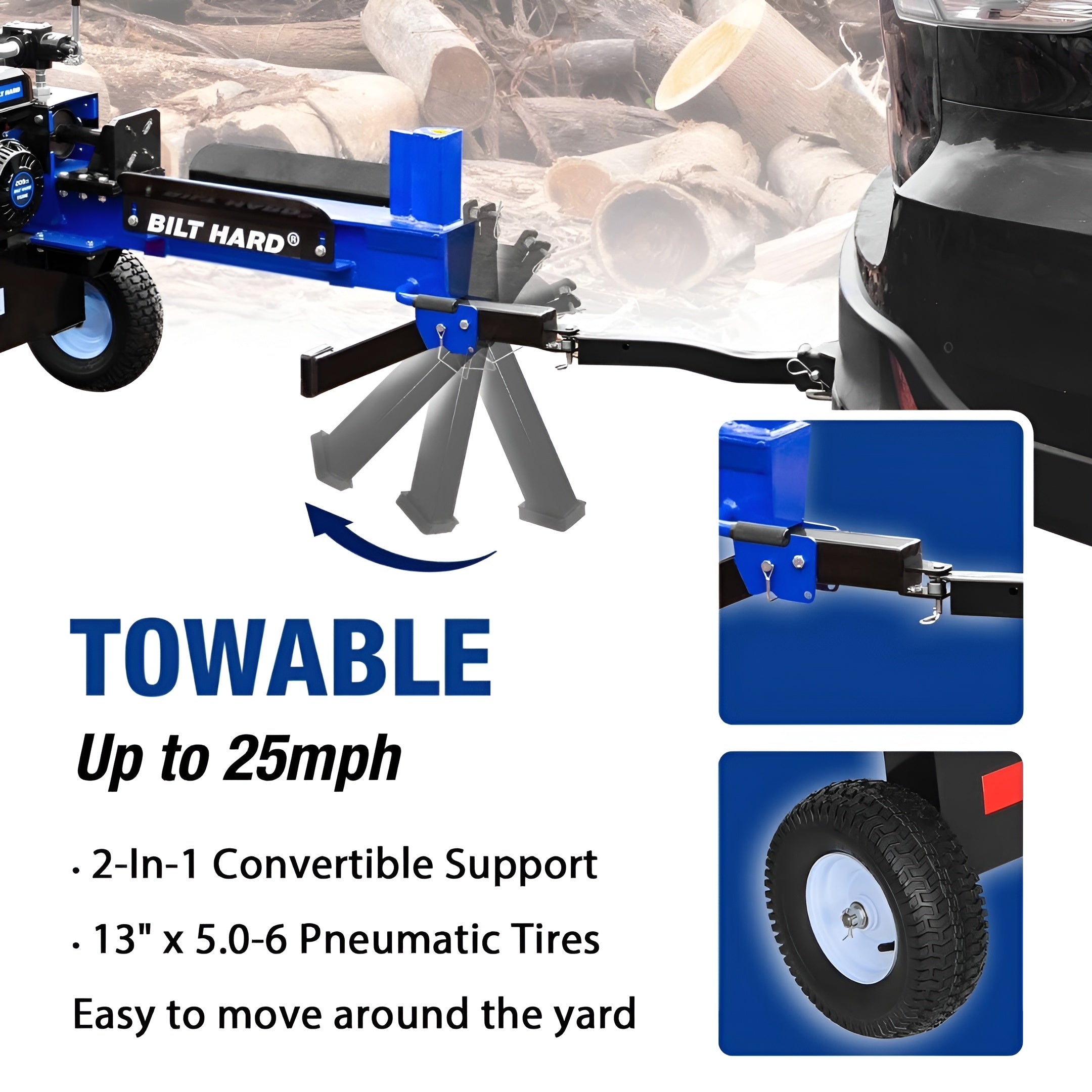 BILT HARD 20-Ton Gas Log Splitter, Hydraulic Wood Splitter with 7 HP 209cc OHV Engine, Towable Hitch, 13" Pneumatic Tires, 2 Stage Gear Pump, Steel Wedge, Firewood Splitting Machine