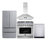 Cosmo 4 Piece Kitchen Package with 36" Freestanding Gas Range 36" Island Mount Range Hood 24" Built-in Fully Integrated Dishwasher & Energy Star French Door Refrigerator