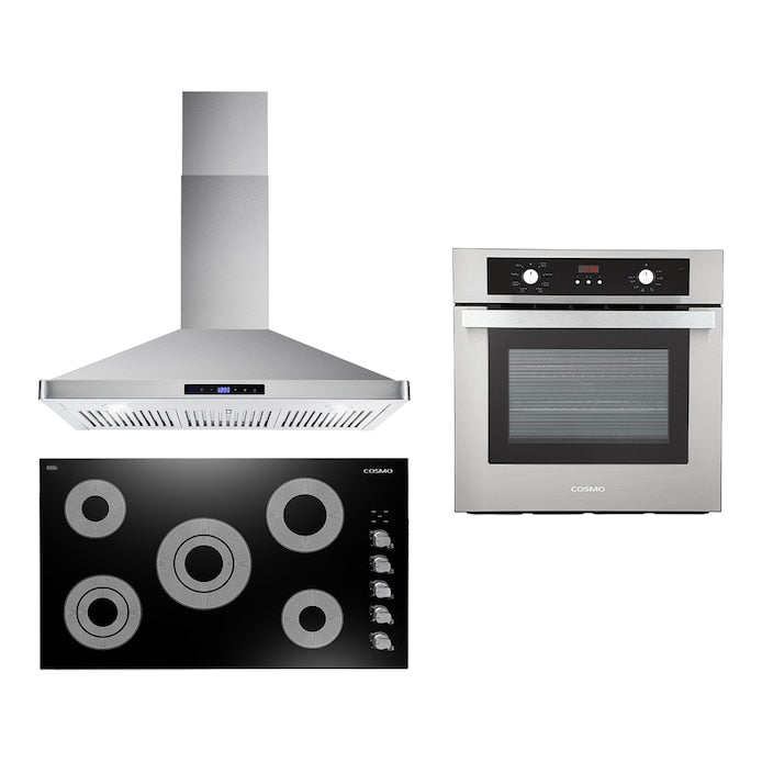 Cosmo 3 Piece Kitchen Package With 30" Electric Cooktop 30" Wall Mount Range Hood 30" Single Electric Wall Oven (Copy)