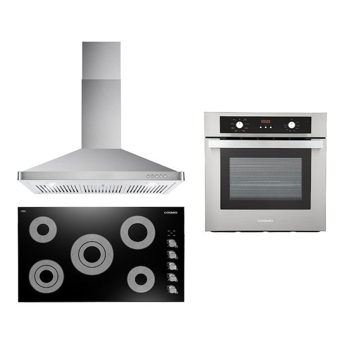 Cosmo 3 Piece Kitchen Package With 36" Electric Cooktop 36" Wall Mount Range Hood 24" Single Electric Wall Oven