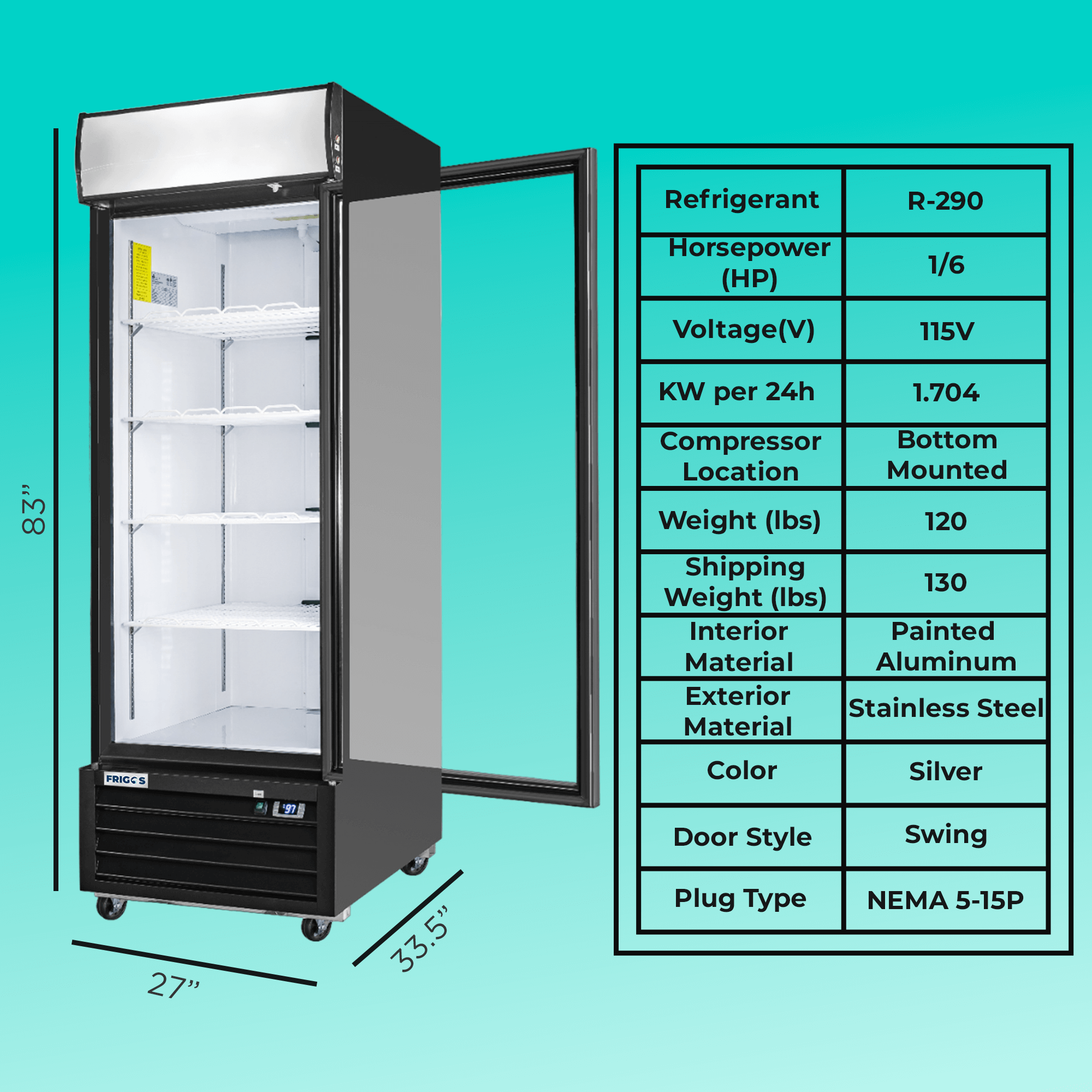 Frigos FG-MR-1D-G 27" Glass Door Merchandiser, Black, LED, Aluminum Interior