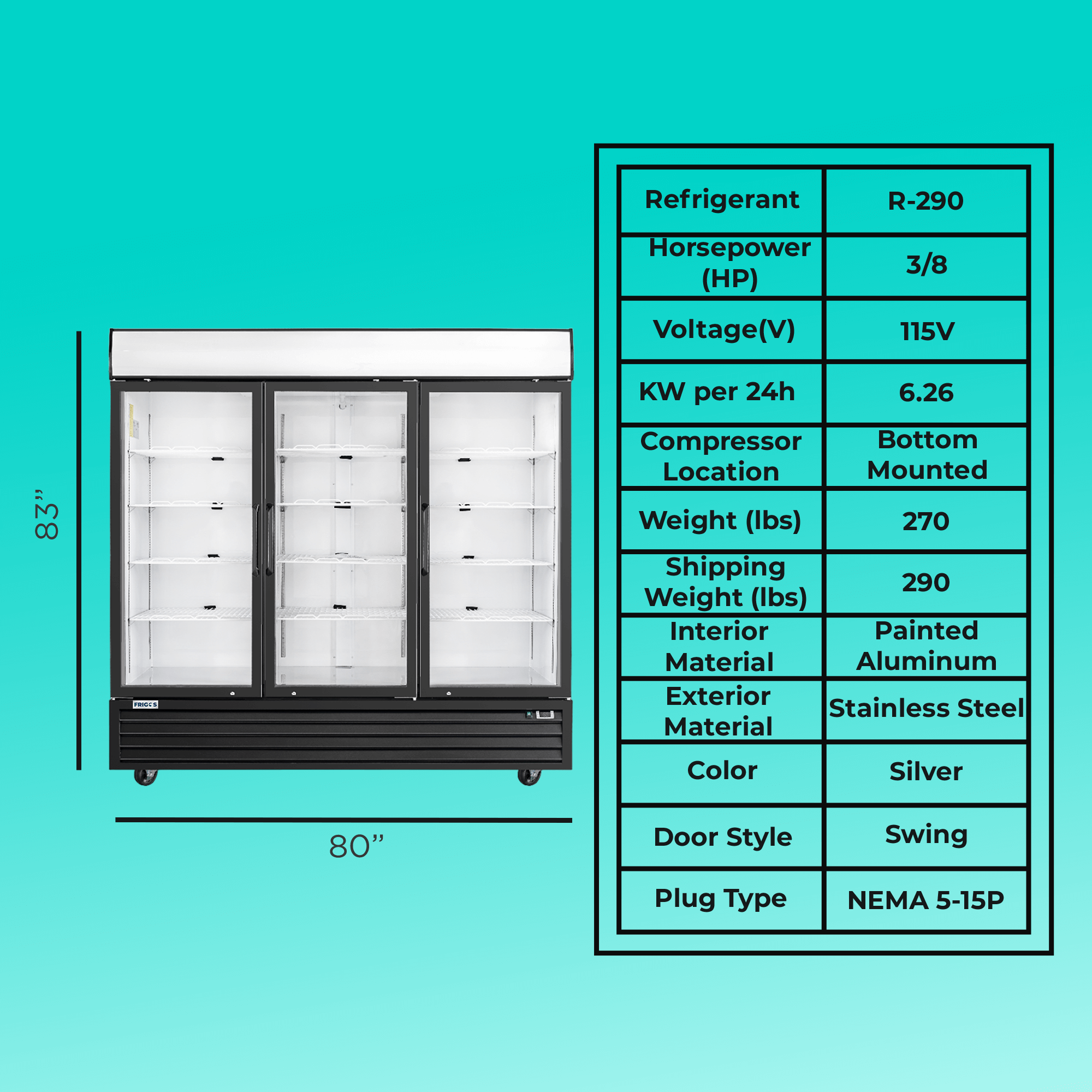 Frigos 80" Merchandising Refrigerator, 3 Glass Doors, LED Lighting - FG-MR-3D-G
