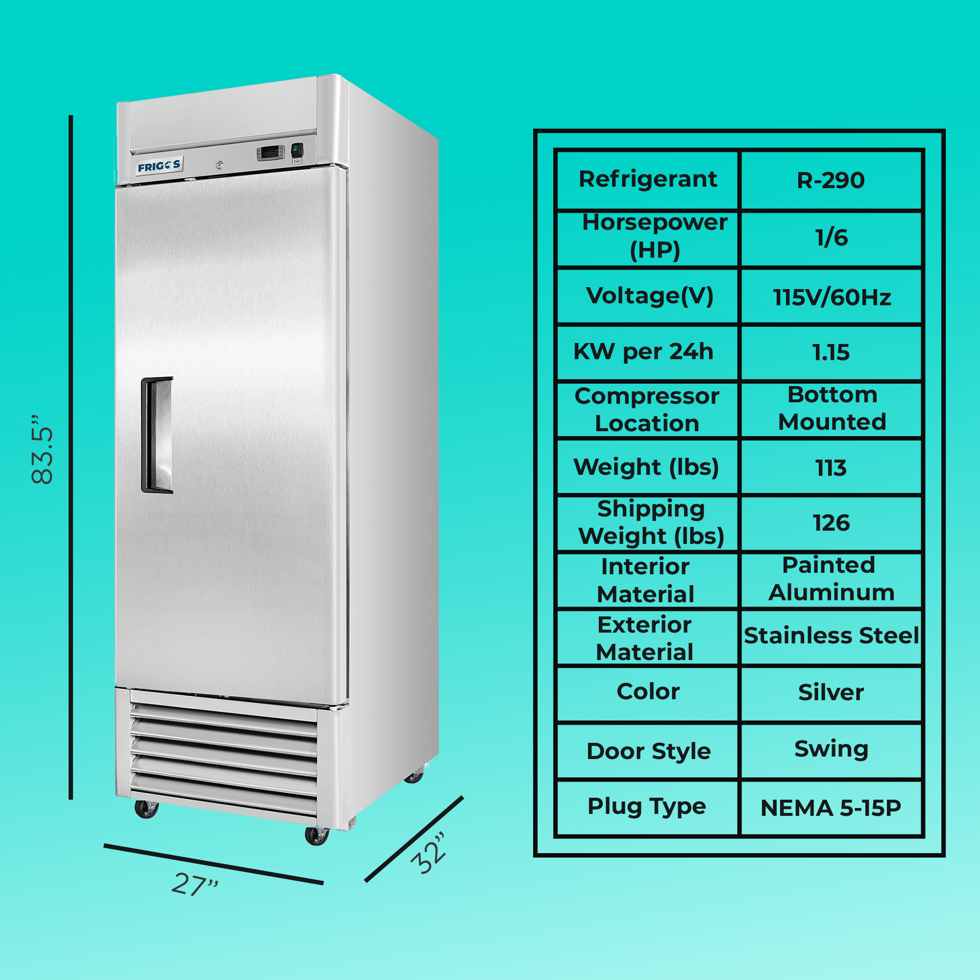 Frigos 27" Reach-In Refrigerator, Solid Single Door, 21 Cu Ft - FG-RF-1D