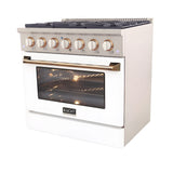 Kucht Signature 36 In. 5.2 cu ft. Natural Gas Range with White Door and Gold Accents - KNG361-W-GOLD