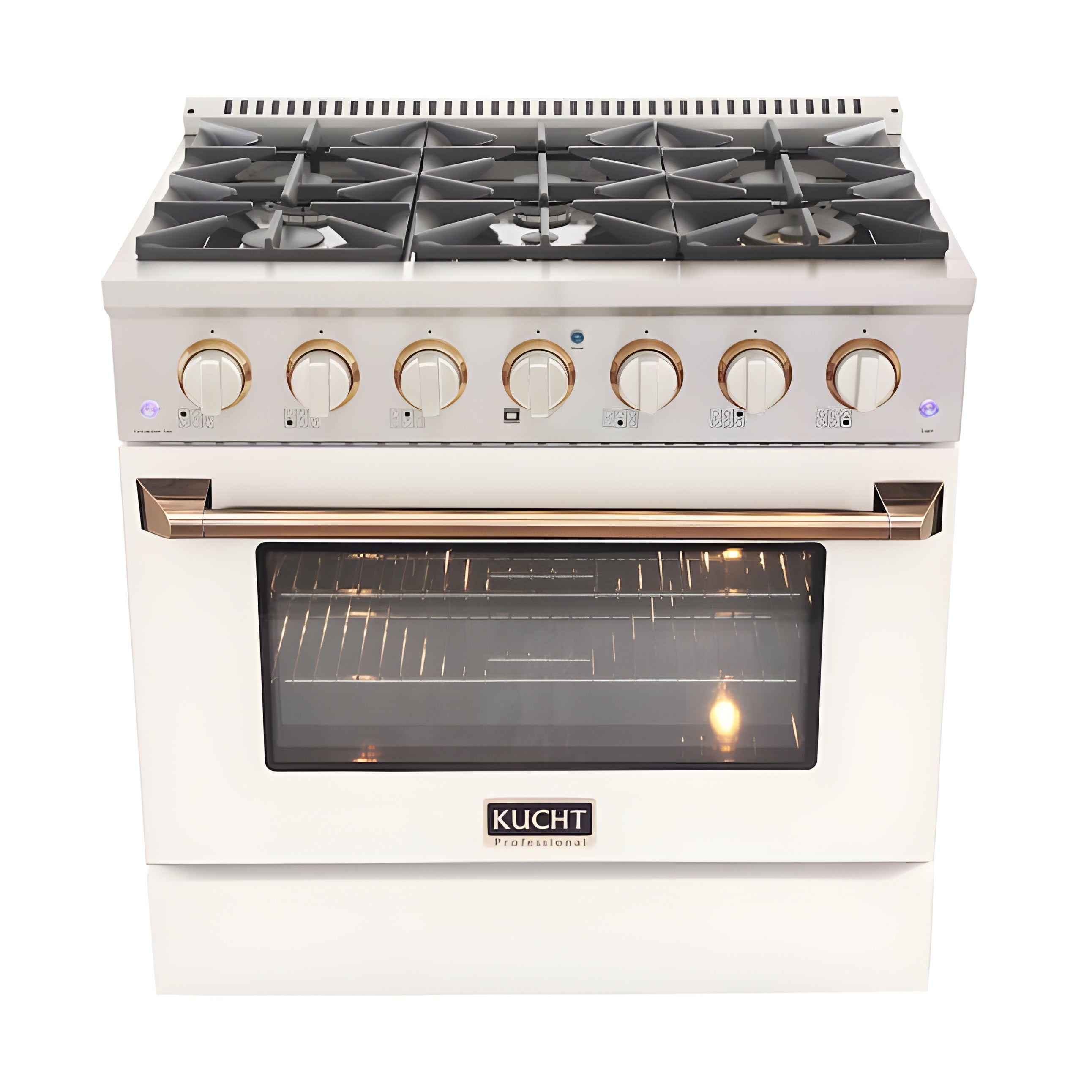 Kucht Signature 36 In. 5.2 cu ft. Natural Gas Range with White Door and Gold Accents - KNG361-W-GOLD