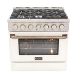 Kucht Signature 36 In. 5.2 cu ft. Natural Gas Range with White Door and Gold Accents - KNG361-W-GOLD