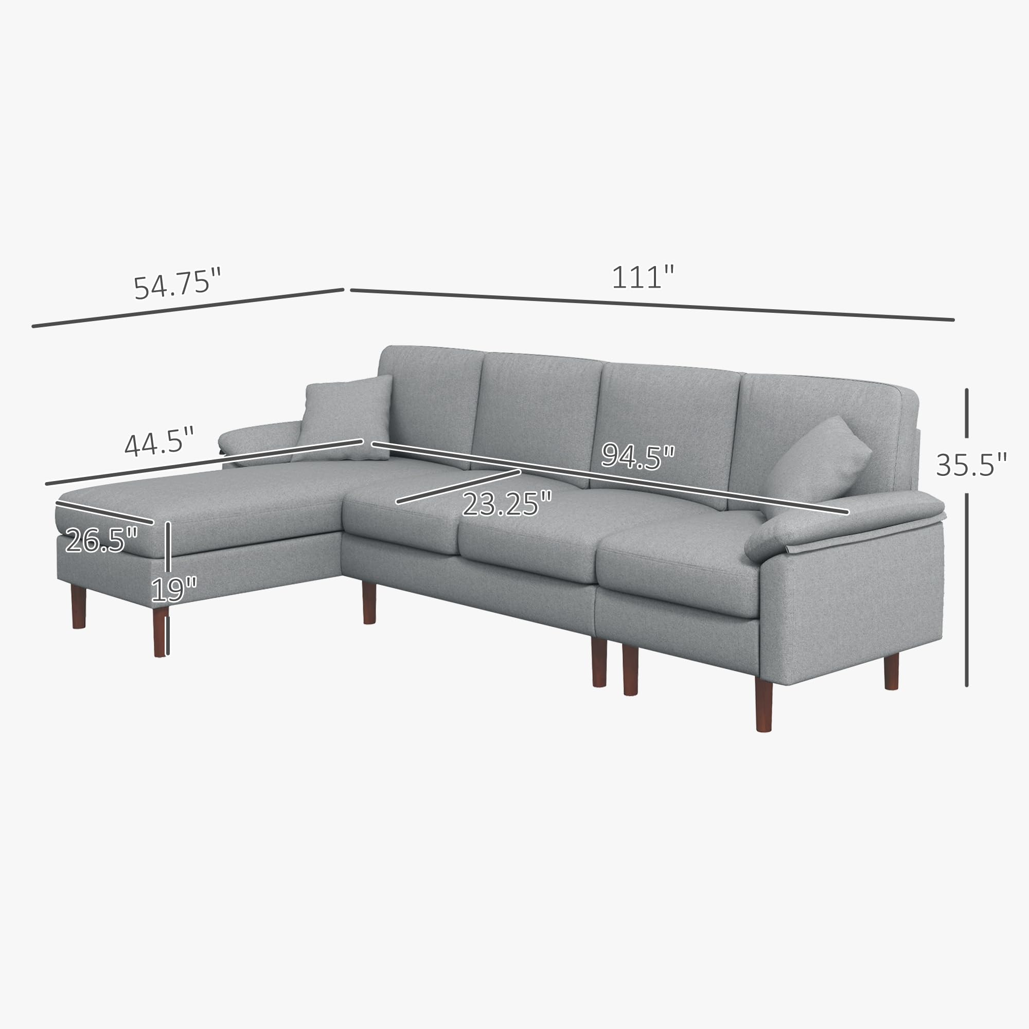 HomCom Fabric Sectional Couch with Reversible Sleeper Sofa, Modern L Shaped Sectional Sofa with Pillows, Wooden Legs for Living Room, Apartment and Office, Gray - B0CVX1N2B8