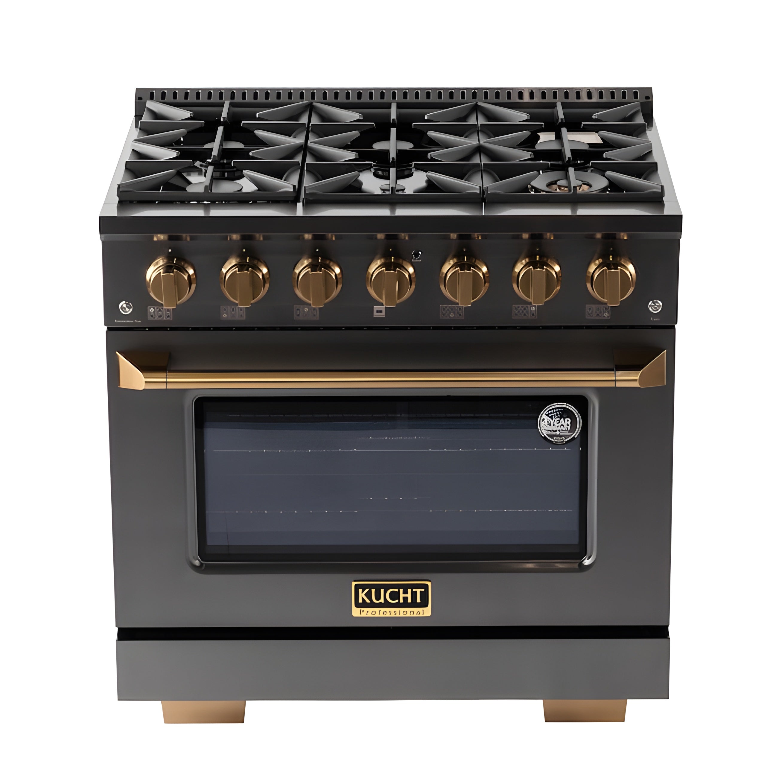 Kucht Gemstone Professional 36" 5.2 cu. ft. Dual Fuel Range in Titanium Stainless Steel with Gold Accents - KED364