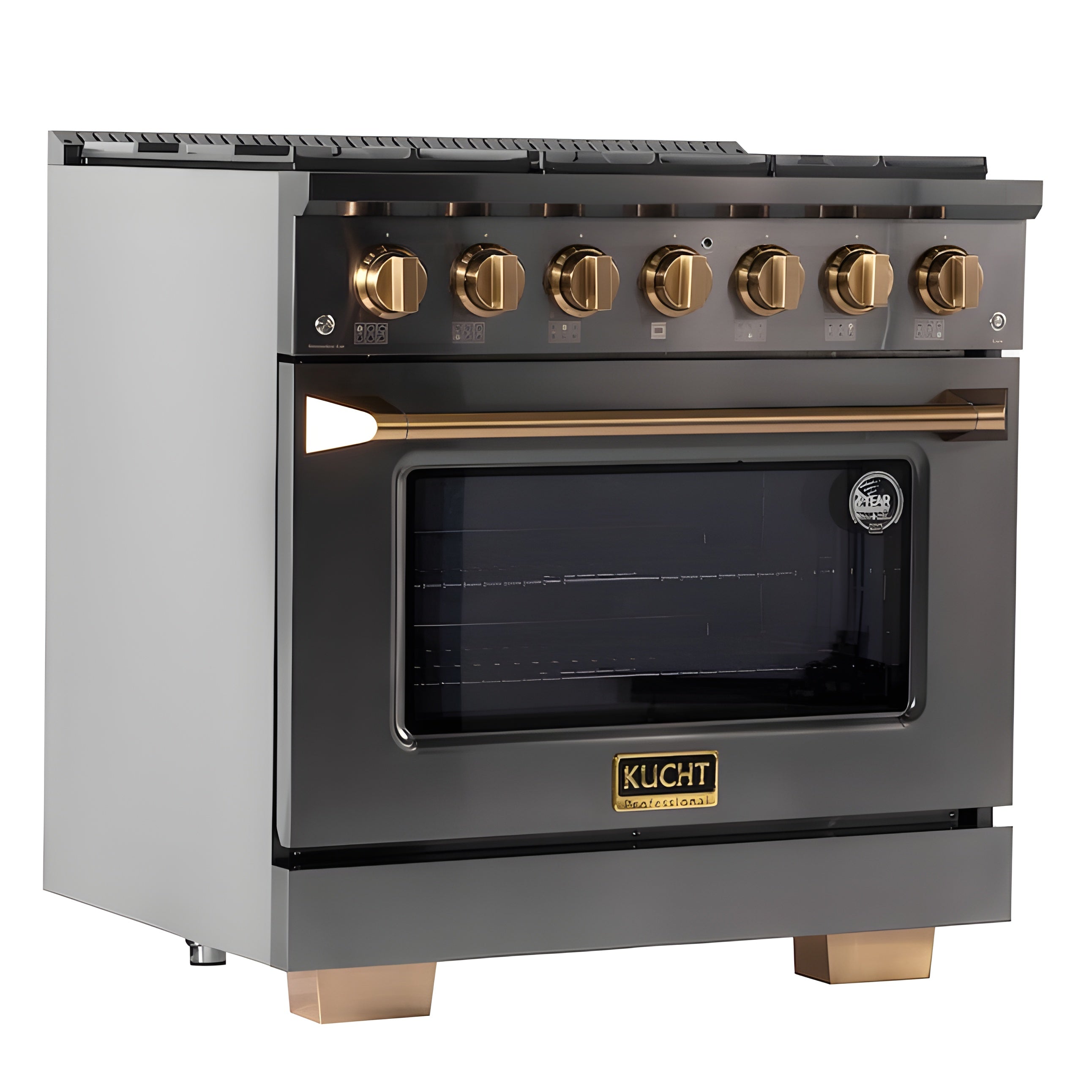 Kucht Gemstone Professional 36" 5.2 cu. ft. Dual Fuel Range in Titanium Stainless Steel with Gold Accents - KED364