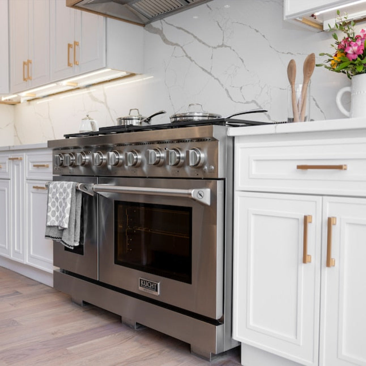 Kucht Appliance Package - 48 inch Natural Gas Range in Stainless Steel, Wall Range Hood, Refrigerator - AP-KFX480-4