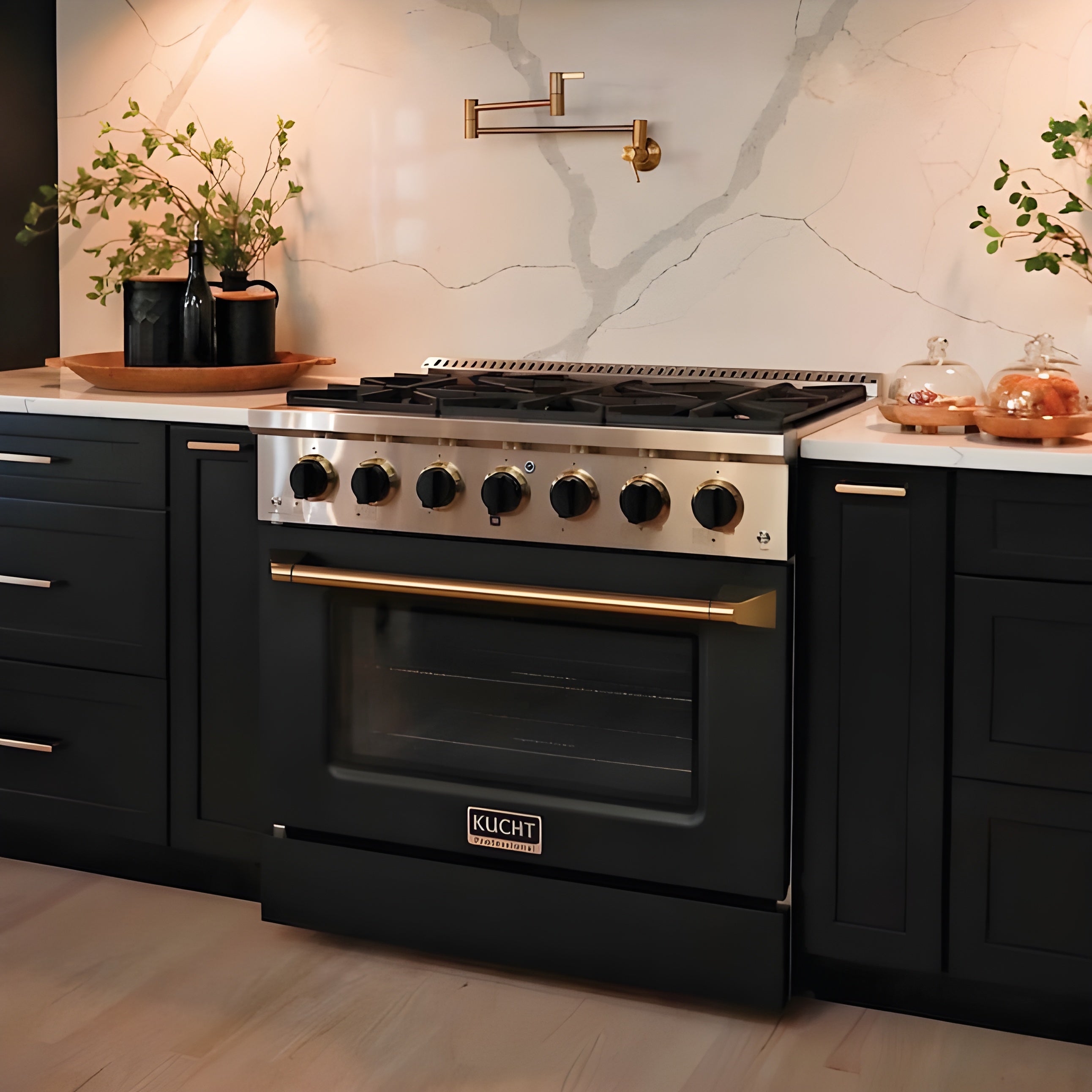 Kucht Signature 36 In. 5.2 cu ft. Natural Gas Range with Black Door and Gold Accents - KNG361-K-GOLD