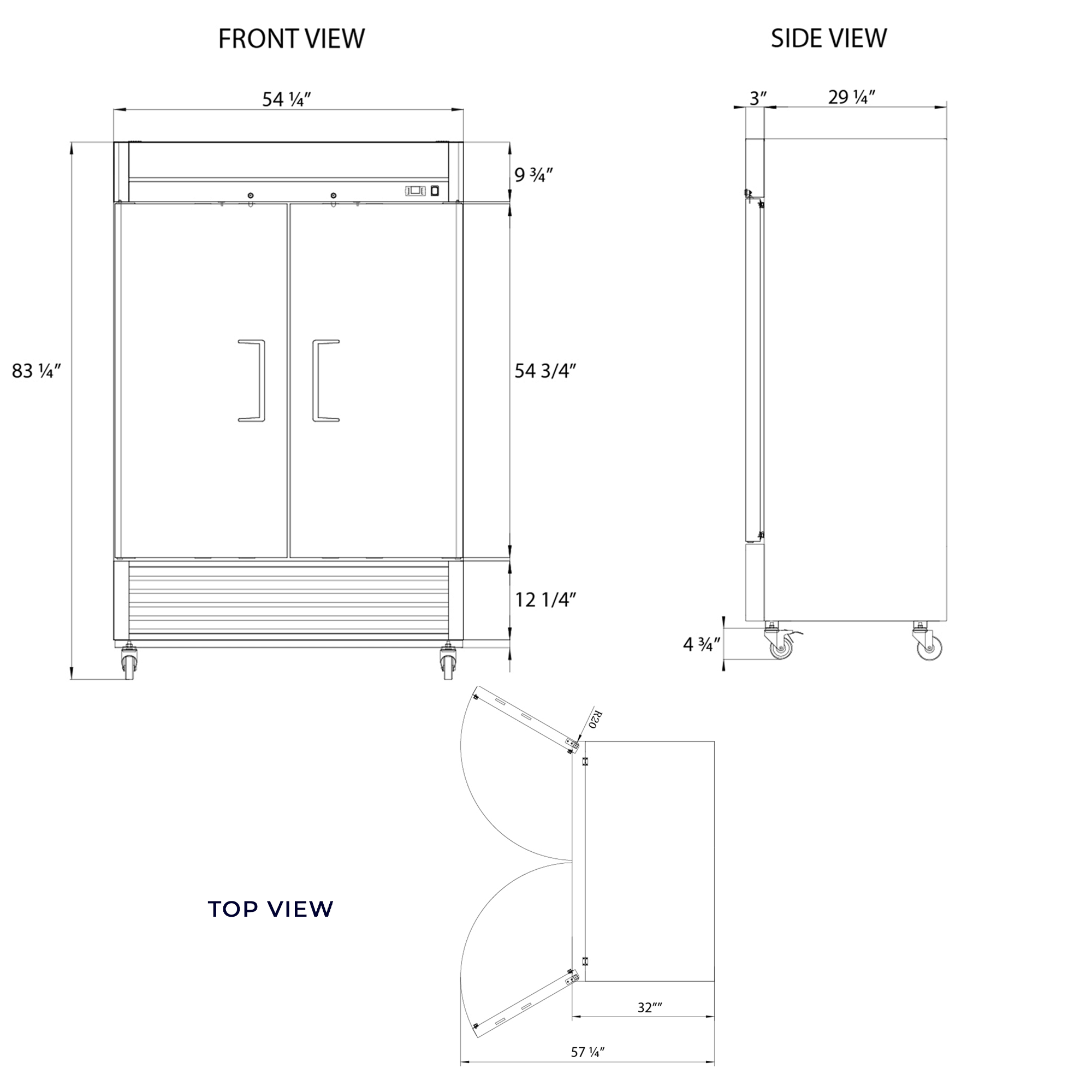 Frigos Commercial Reach in Freezer 54" Width Solid 2 Door 47 Cu Ft Frigos FG-FZ-2D with Aluminum Interior with 304 Stainless Steel Floor - FG-FZ-2D