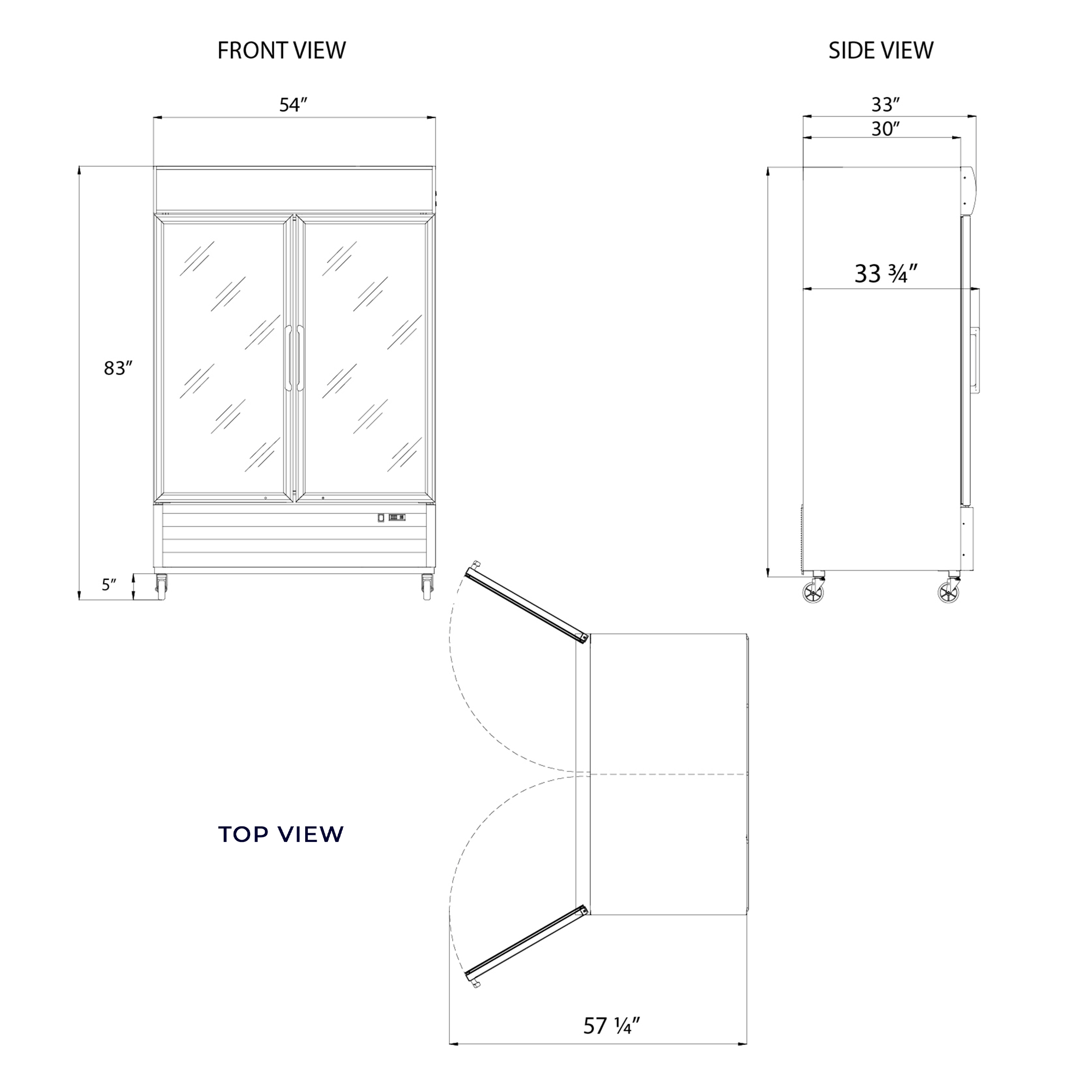 Frigos Merchandiser Refrigerator 54" Width Black Swing Glass 2 Door with LED Lighting Frigos FG-MR-2D-G with Aluminum Interior with 304 Stainless Steel Floor - FG-MR-2D-G