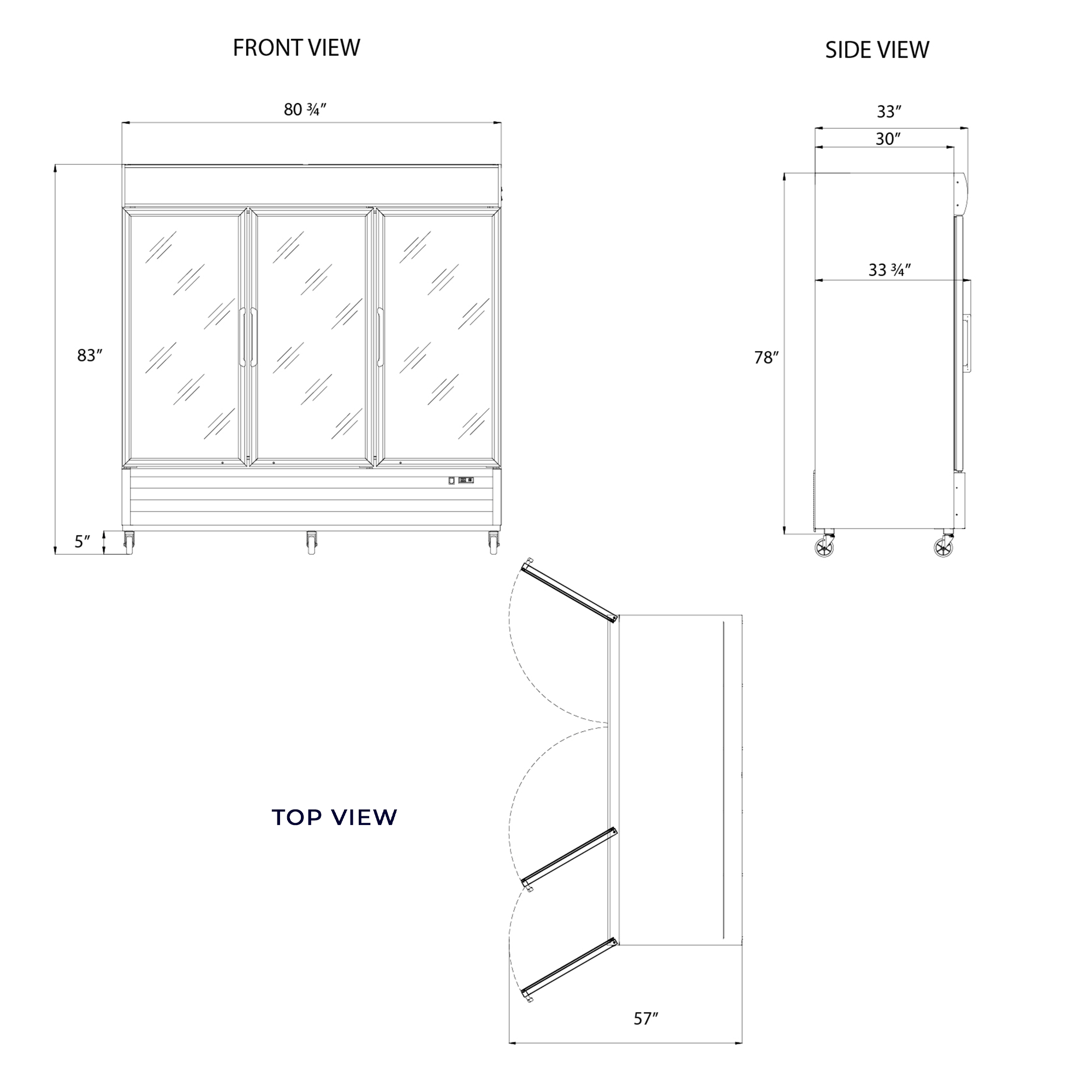 Frigos 80" Merchandising Refrigerator, 3 Glass Doors, LED Lighting - FG-MR-3D-G