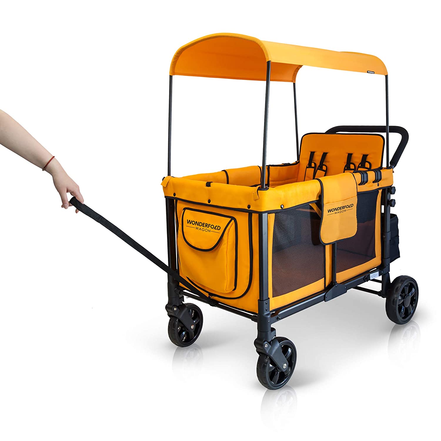 WonderFold W4 Elite Push/Pull 4-Passenger Quad Stroller Wagon Orange New