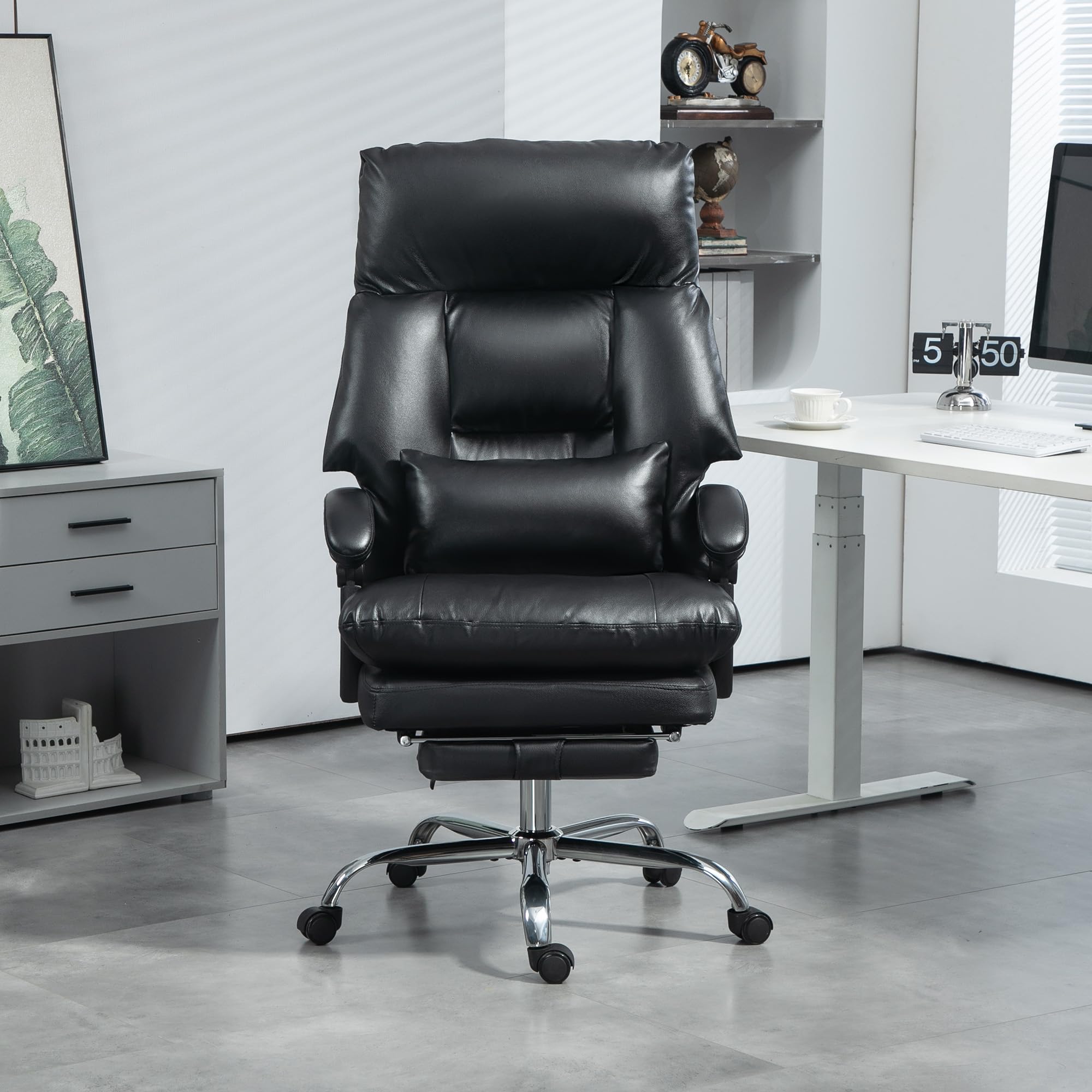 HomCom Overstuffed Executive Office Chair, High Back Desk Chair with Swivel Wheels, Foot Rest, Thick Padded, Reclining PU Leather Computer Chair, Black - B0DPPLWH67