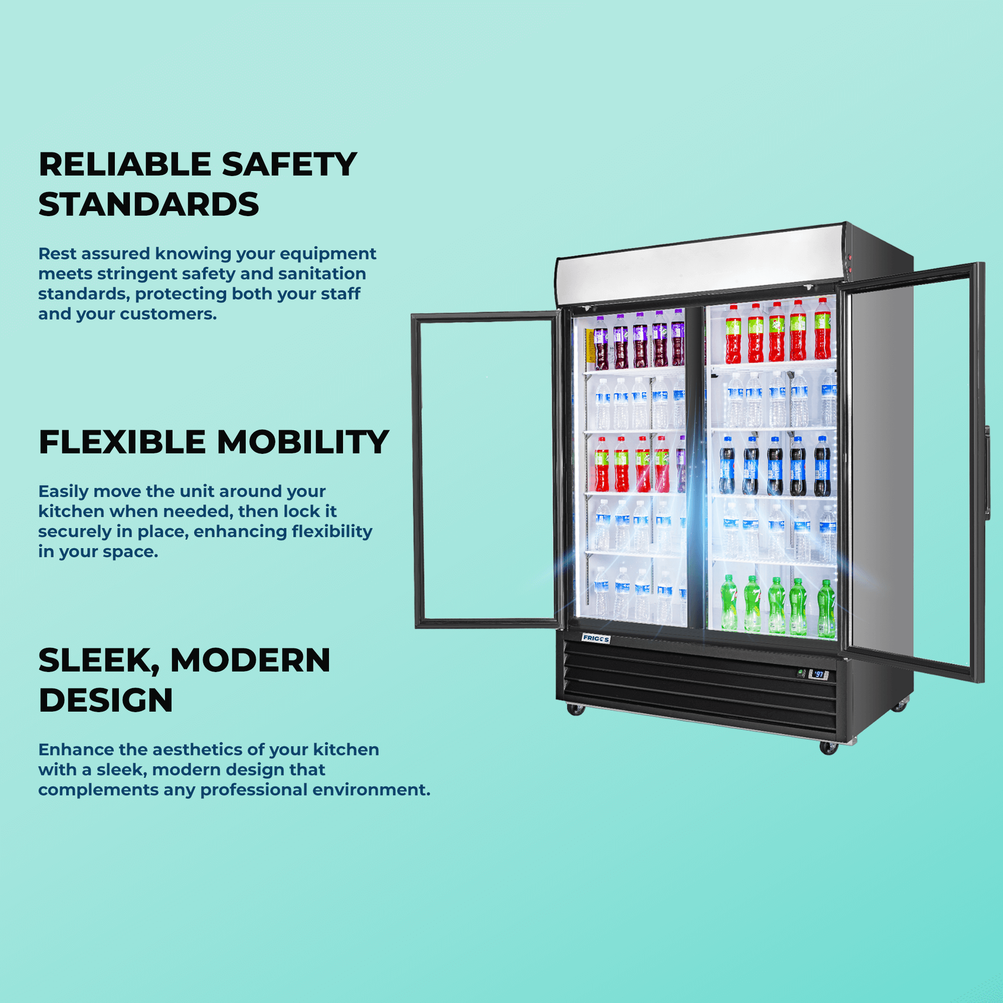Frigos Merchandiser Refrigerator 54" Width Black Swing Glass 2 Door with LED Lighting Frigos FG-MR-2D-G with Aluminum Interior with 304 Stainless Steel Floor - FG-MR-2D-G