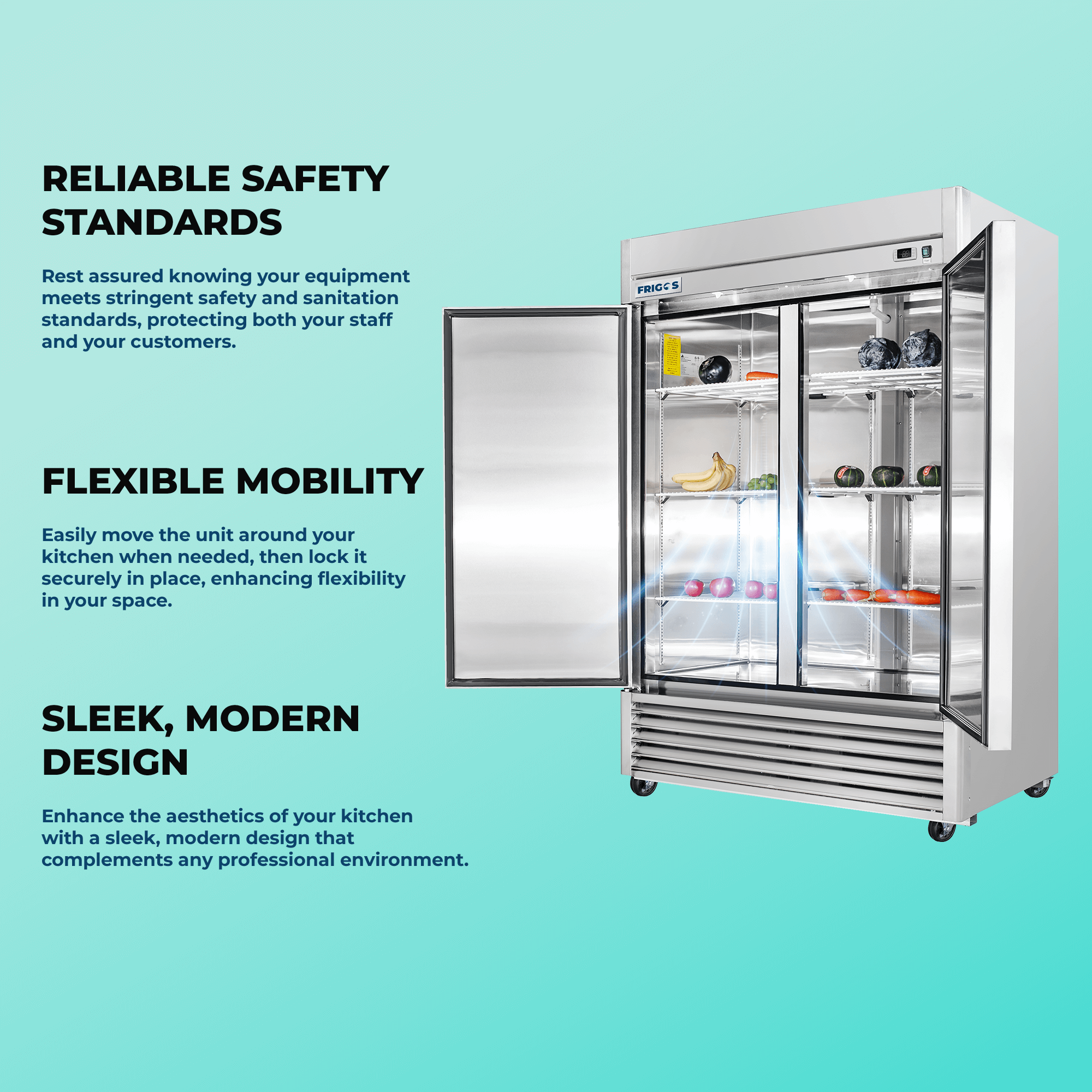 Frigos 54" Commercial Refrigerator, 2 Doors, 47 Cu Ft, Stainless Steel Floor