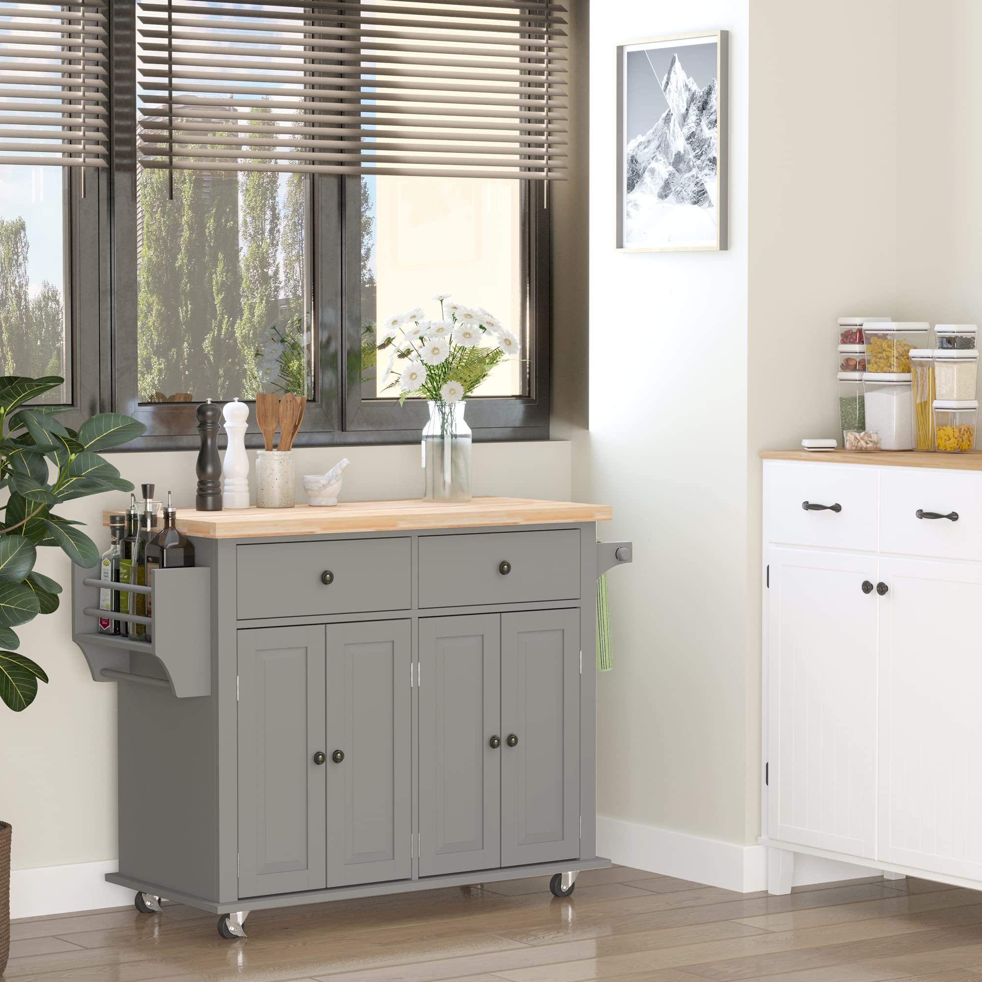 HomCom Kitchen Island on Wheels, Rolling Cart with Rubberwood Top - B098F16SDJ