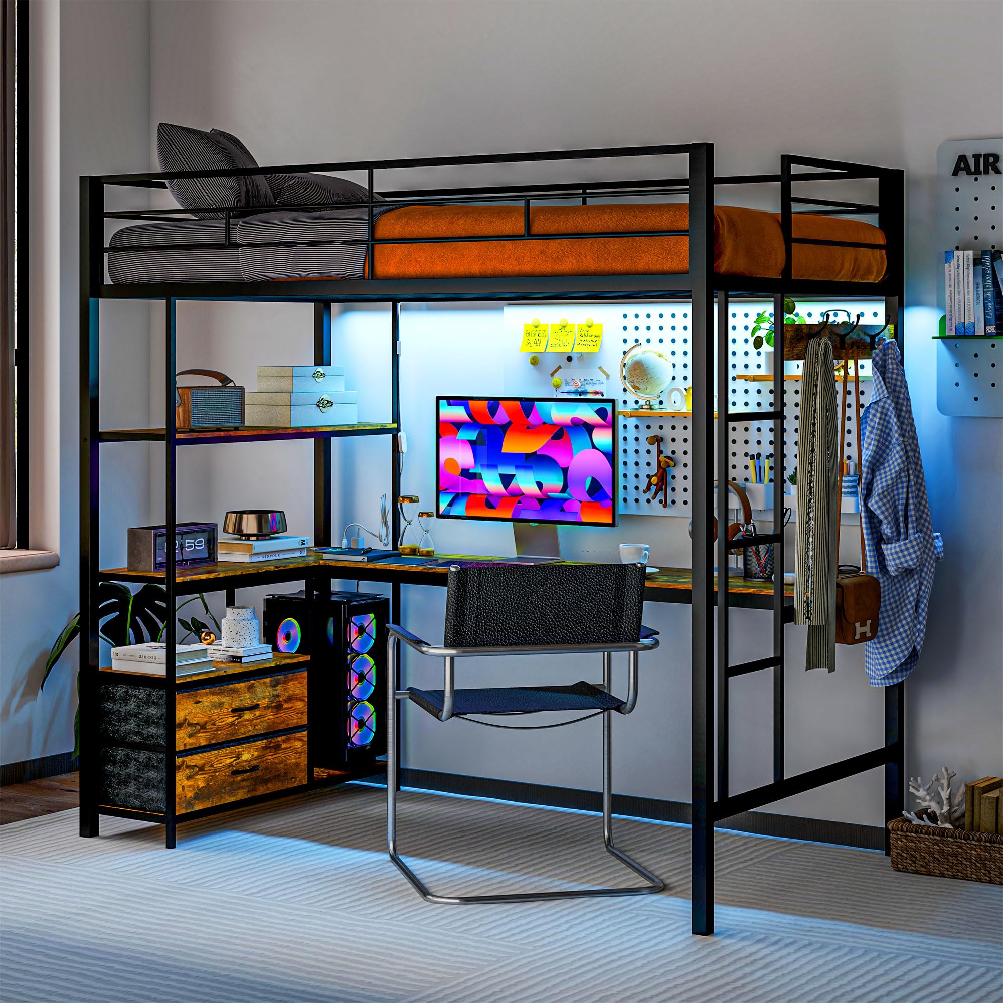 HomCom Twin Size with L-Shaped Desk, LED Lights, Charging Station, for Teens Adults, Twin Loft - B0DRJ5SBHF