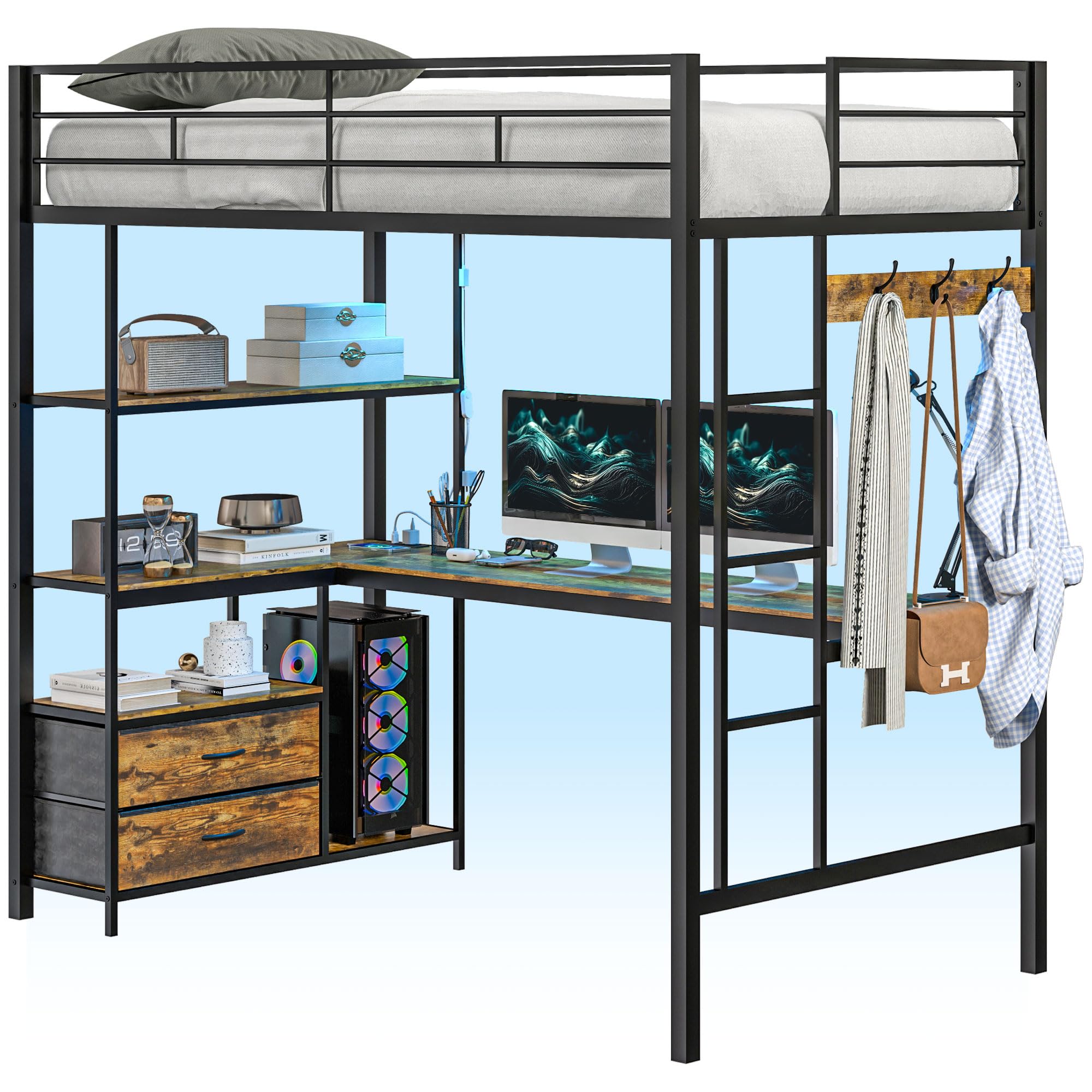 HomCom Twin Size with L-Shaped Desk, LED Lights, Charging Station, for Teens Adults, Twin Loft - B0DRJ5SBHF