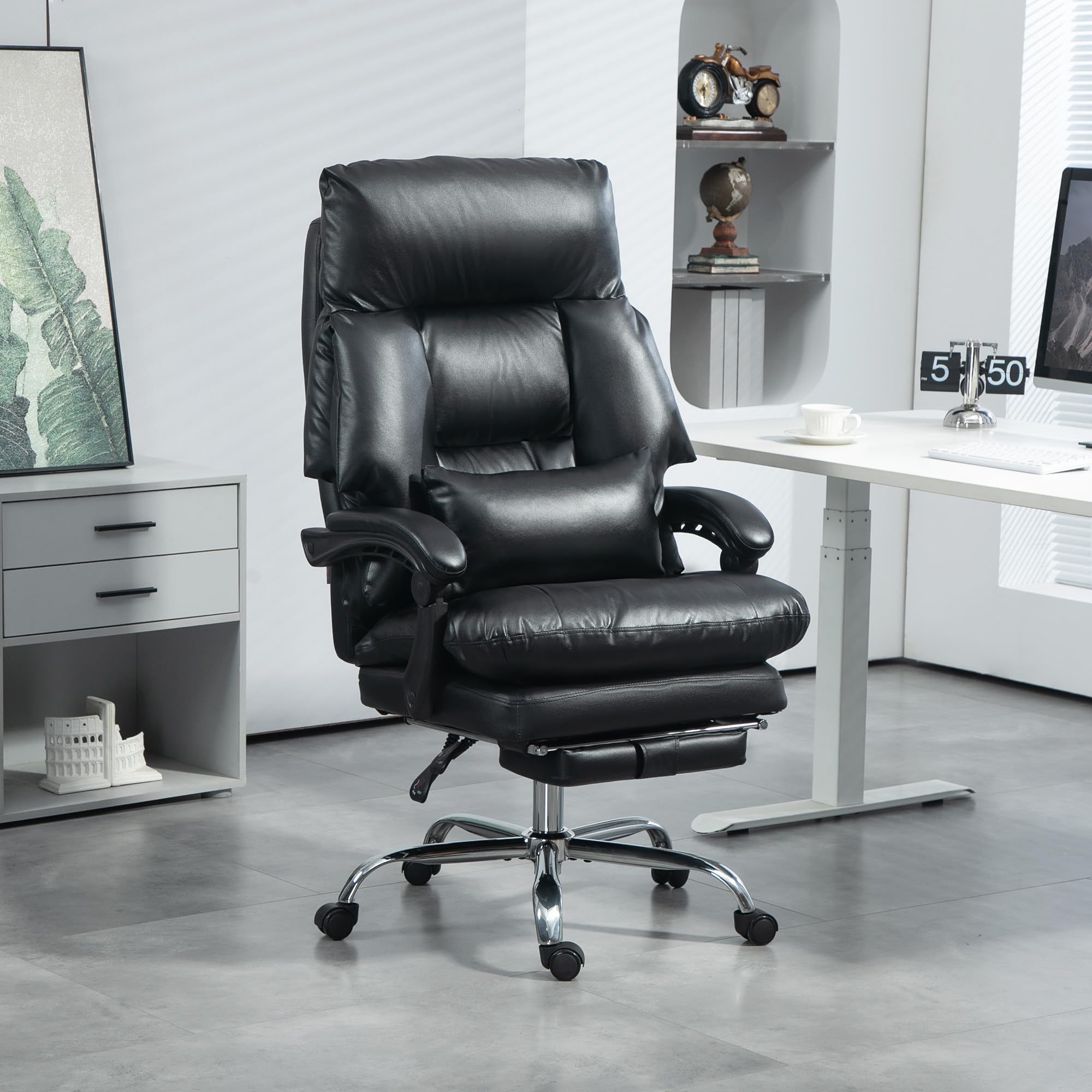 HomCom Overstuffed Executive Office Chair, High Back Desk Chair with Swivel Wheels, Foot Rest, Thick Padded, Reclining PU Leather Computer Chair, Black - B0DPPLWH67