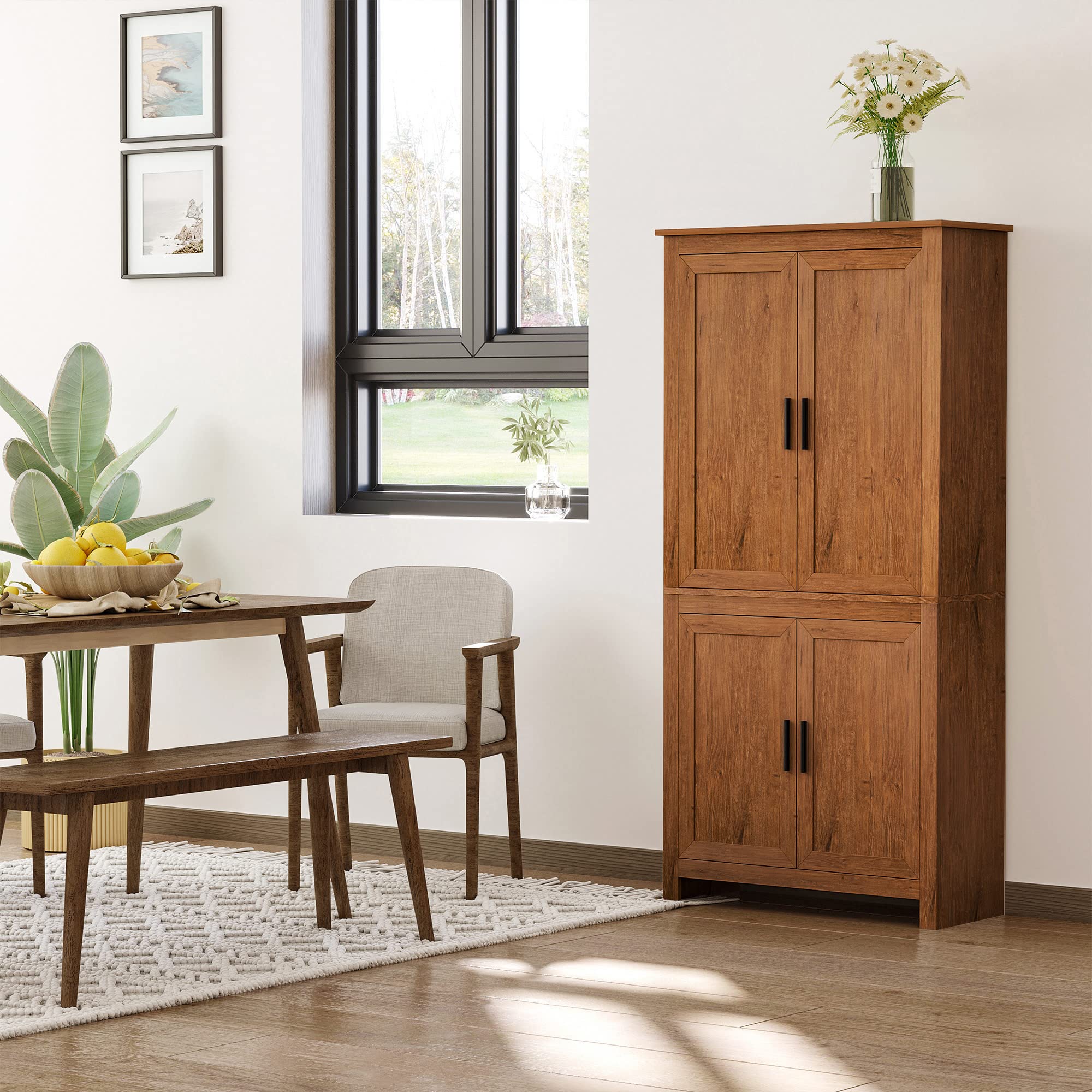 HOMCOM 64" Kitchen Pantry Cabinet, Freestanding Storage Cabinet with 4 Doors and 3 Adjustable Shelves for Dining Room, Oak - B0CGR31CKN