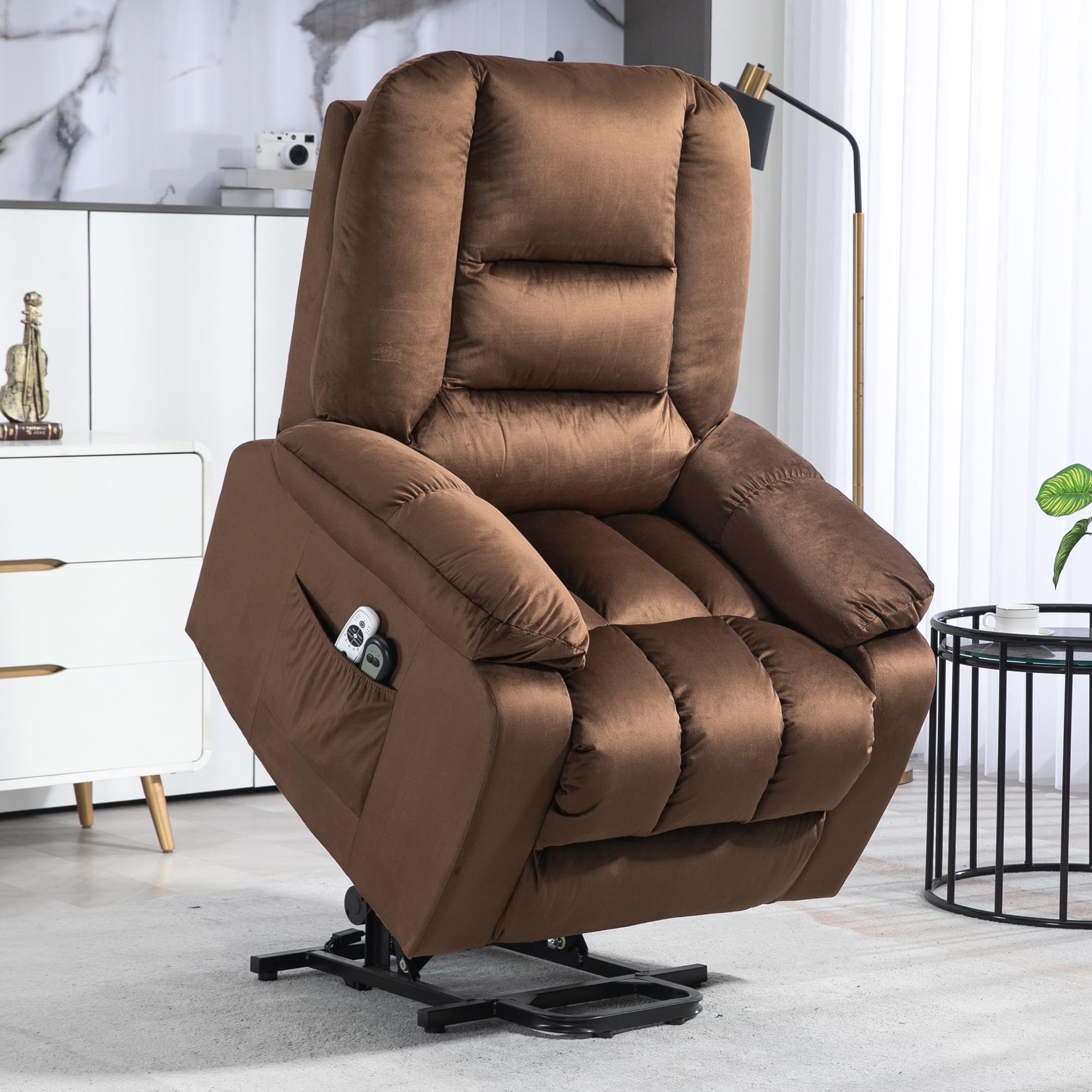 HomCom Lift Recliner Chair, Ergonomic Massage Chair with 4 Positions and Heating, Fabric Overstuffed Living Room Chairs with Side Pockets, Dark Brown - B0CTY2JHYZ-1