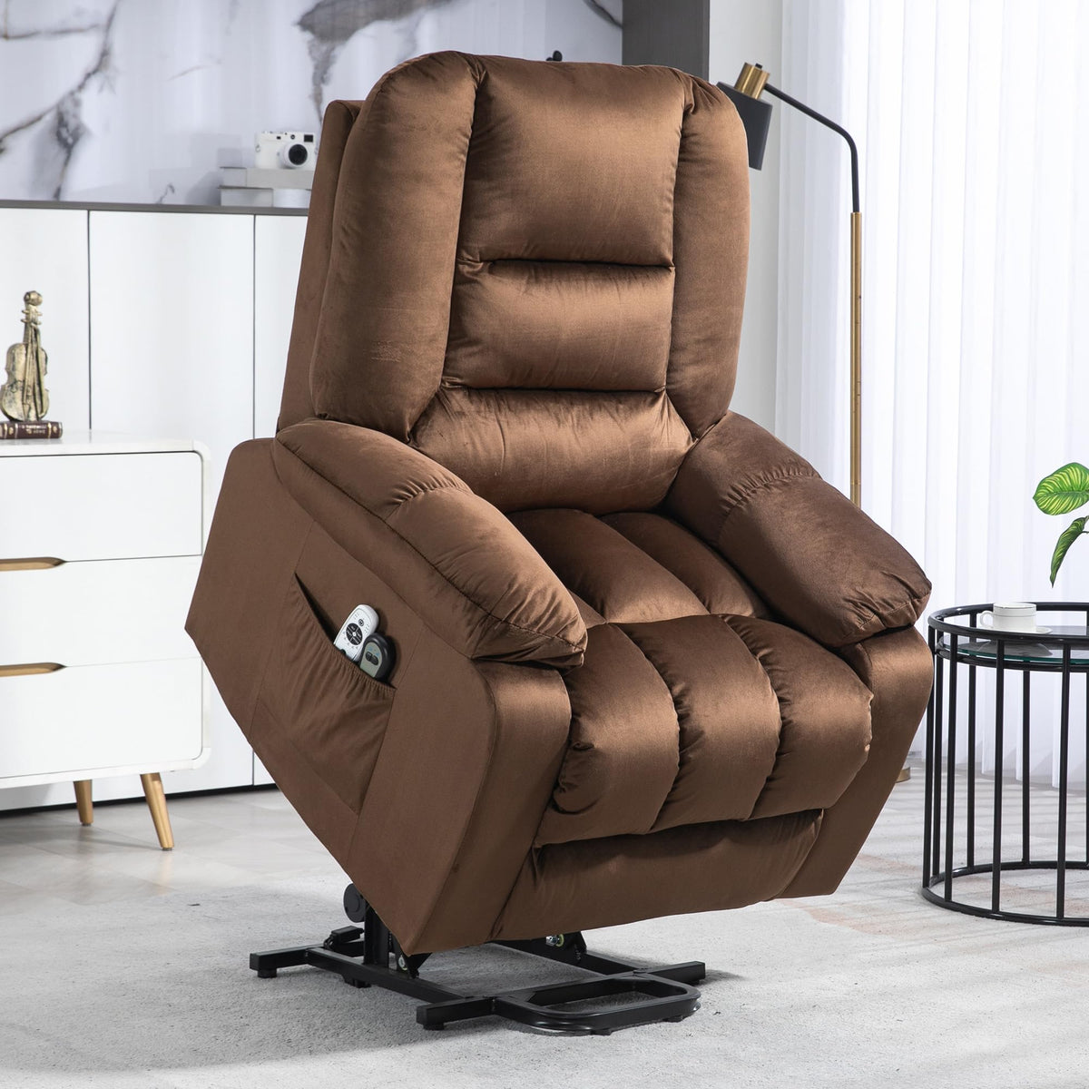 HomCom Lift Recliner Chair, Ergonomic Massage Chair with 4 Positions and Heating, Fabric Overstuffed Living Room Chairs with Side Pockets, Dark Brown - B0CTY2JHYZ-1