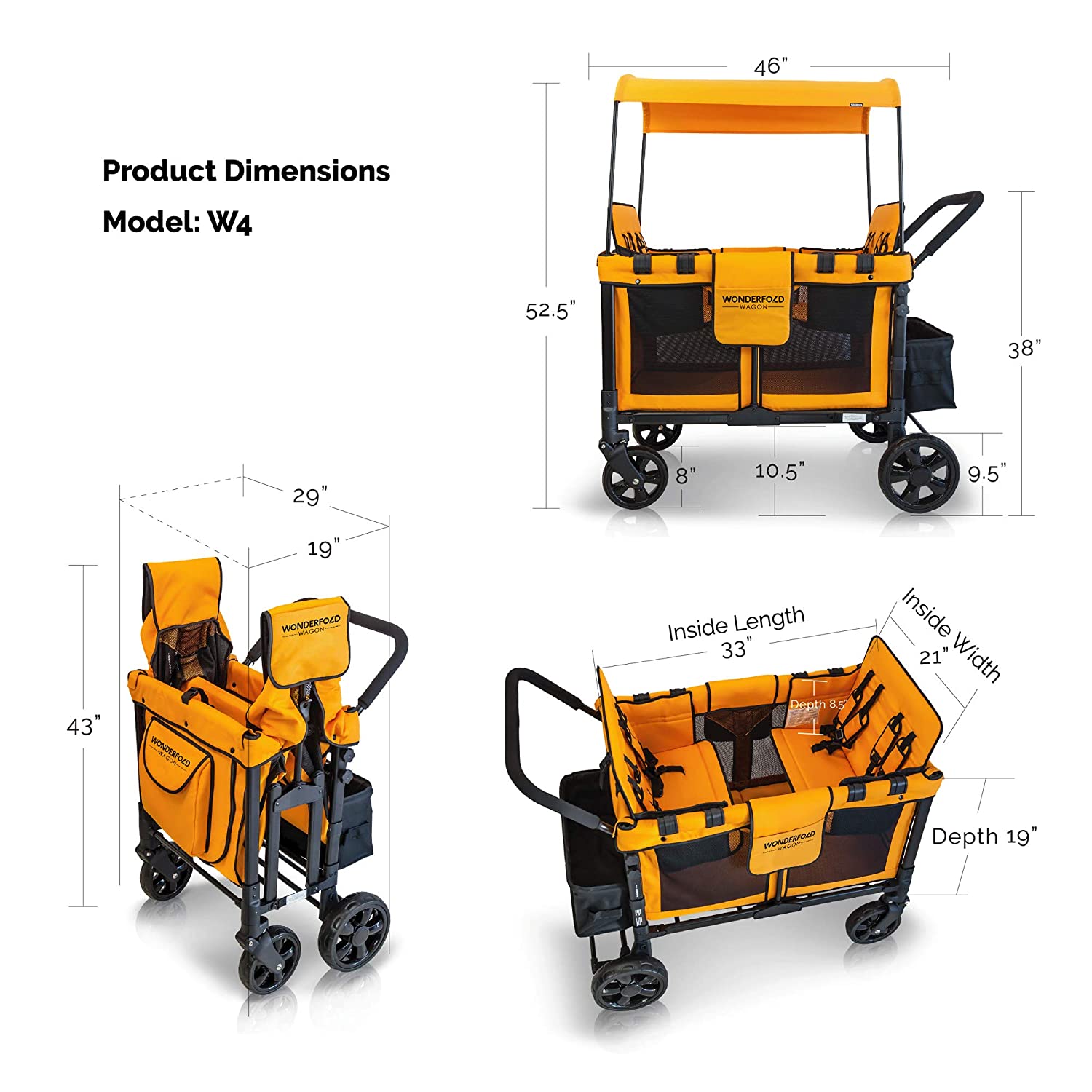 WonderFold W4 Elite Push/Pull 4-Passenger Quad Stroller Wagon Orange New