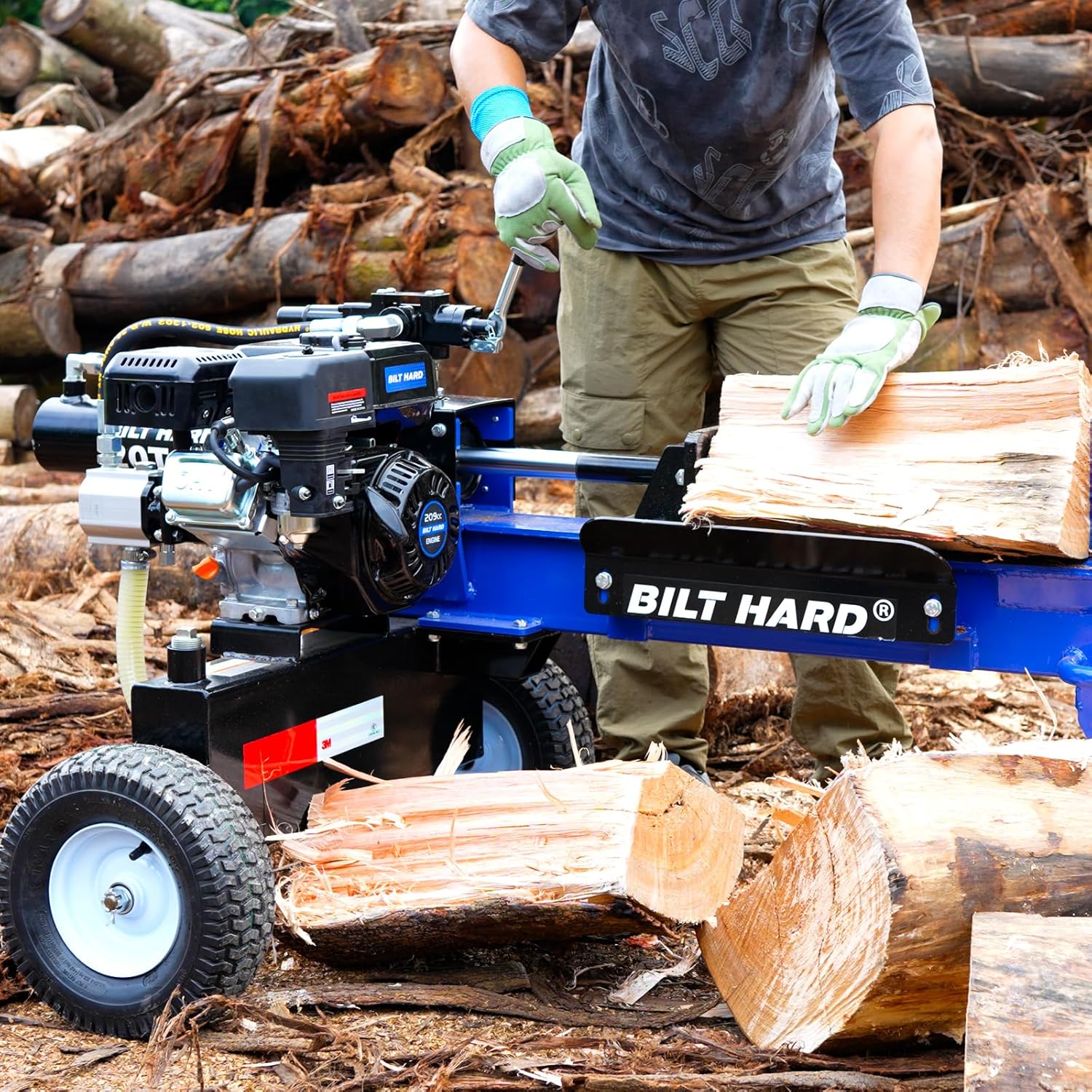 BILT HARD 20-Ton Gas Log Splitter, Hydraulic Wood Splitter with 7 HP 209cc OHV Engine, Towable Hitch, 13" Pneumatic Tires, 2 Stage Gear Pump, Steel Wedge, Firewood Splitting Machine