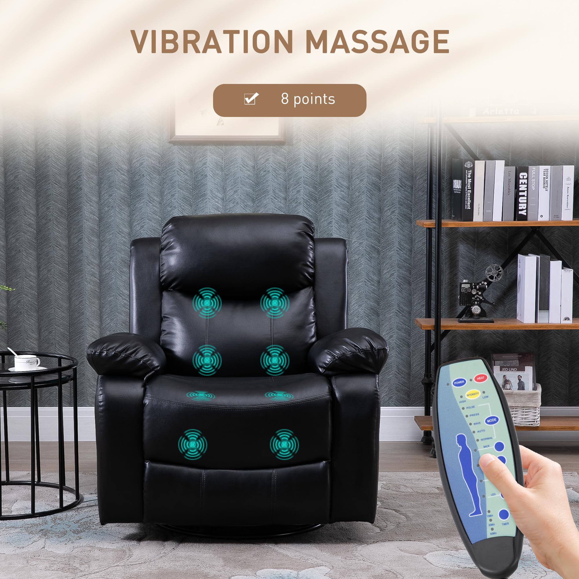 HomCom PU Leather Massage Recliner Chair, Swivel Rocker Sofa with Remote Control, Footrest, - B0BG7VCSHM