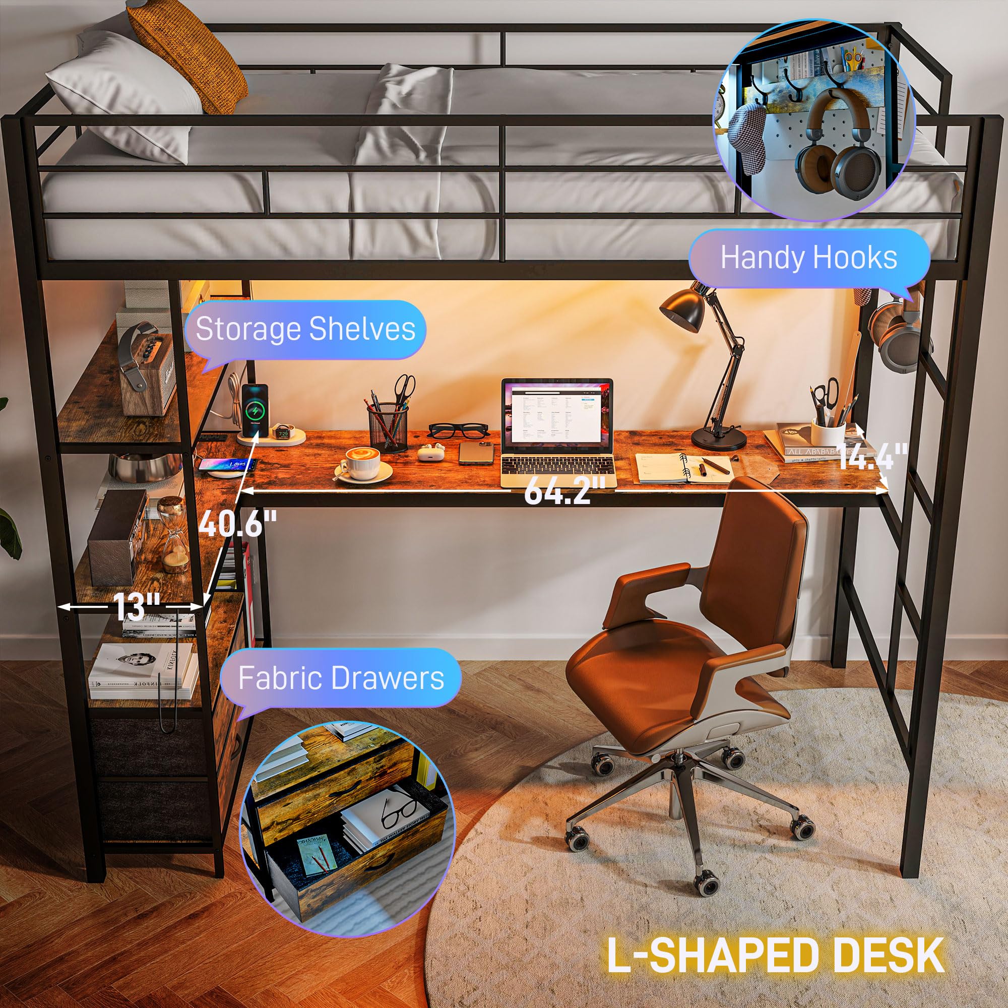 HomCom Twin Size with L-Shaped Desk, LED Lights, Charging Station, for Teens Adults, Twin Loft - B0DRJ5SBHF
