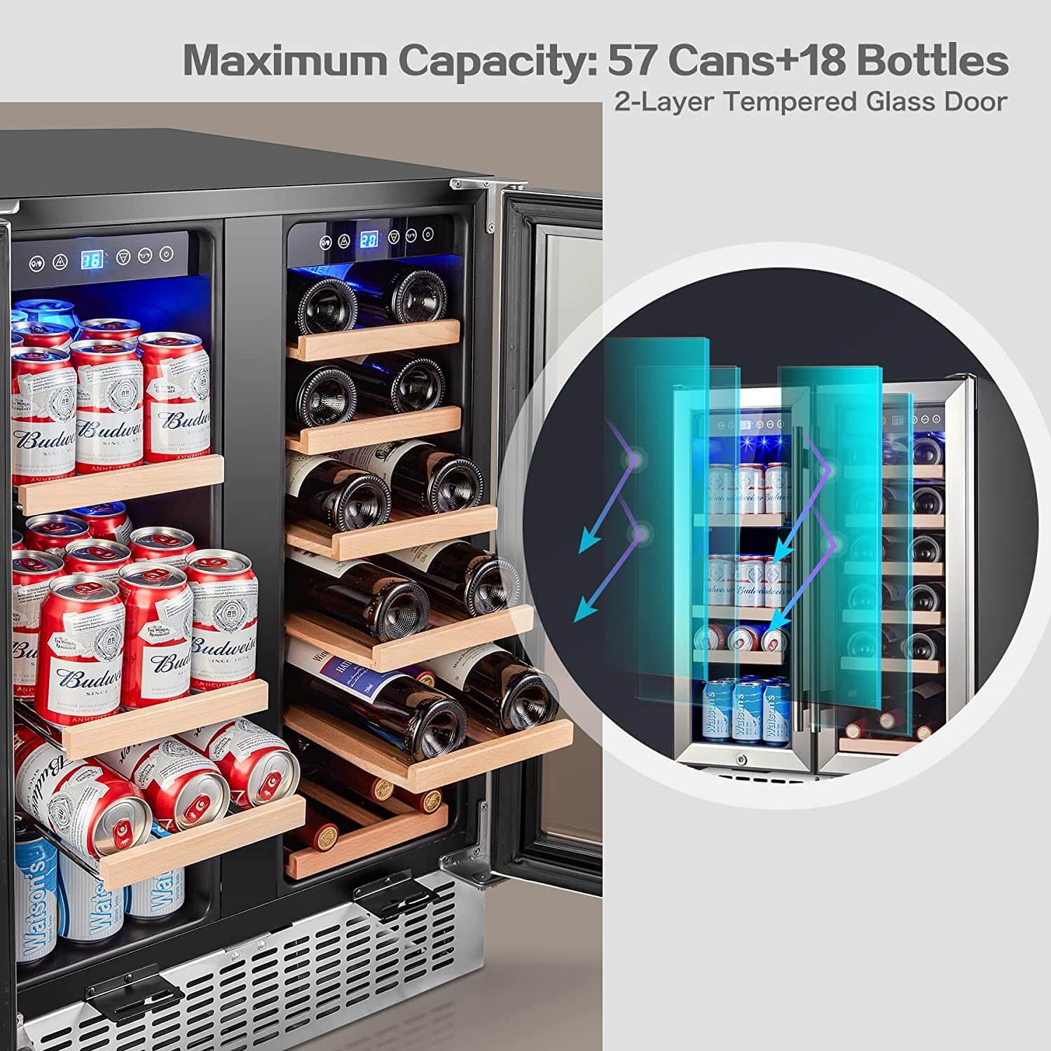 BODEGA Earth Day Sale-AAOBOSI 24 Inch Beverage and Wine Cooler Dual Zone 2-IN-1 Hold 18 Bottles and 57 Cans - YC120-2D