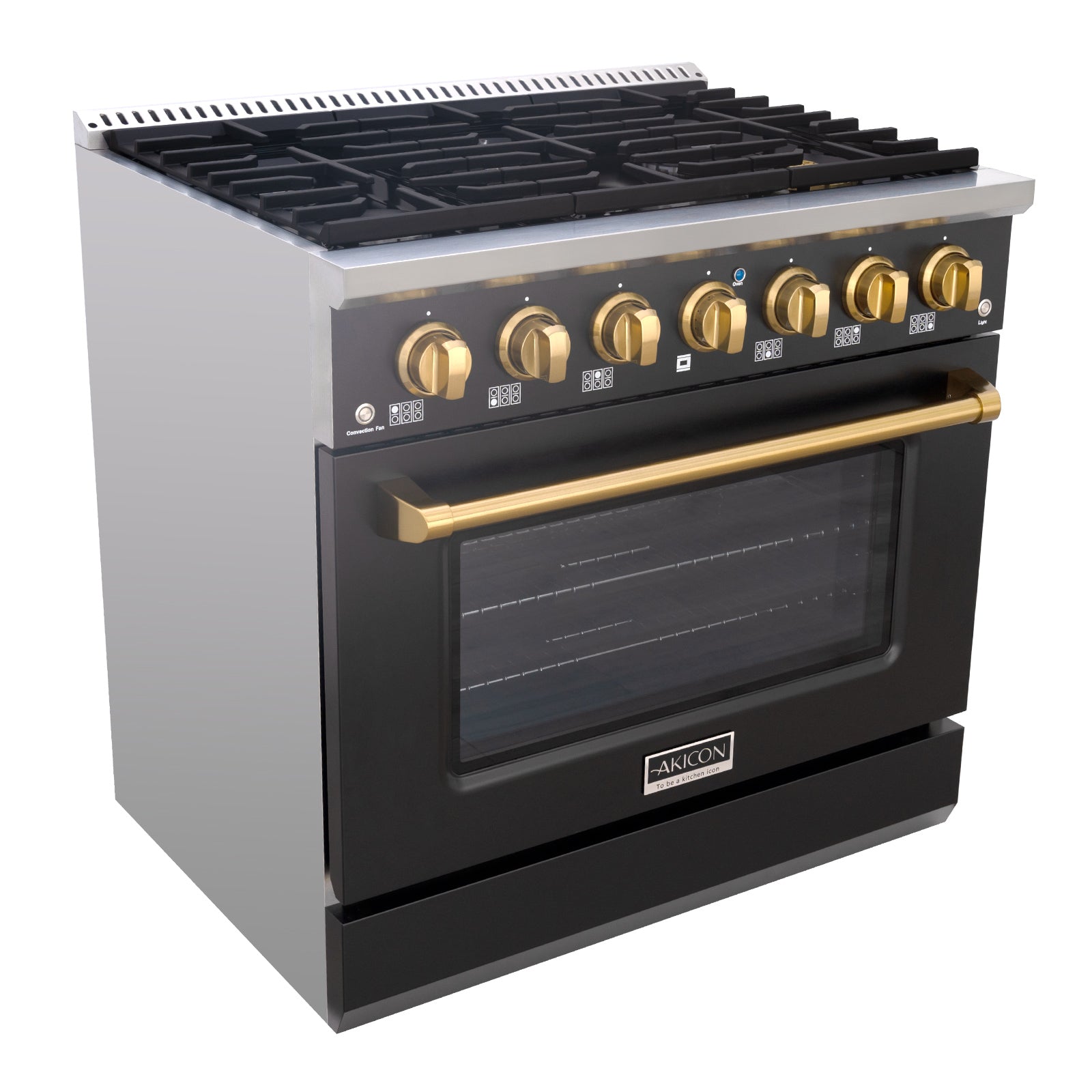 Akicon 36" Slide-in Freestanding Professional Style Gas Range with 5.2 Cu. Ft. Oven, 6 Burners, Convection Fan, Cast Iron Grates. Black & Gold - AK-JK36A1-BG