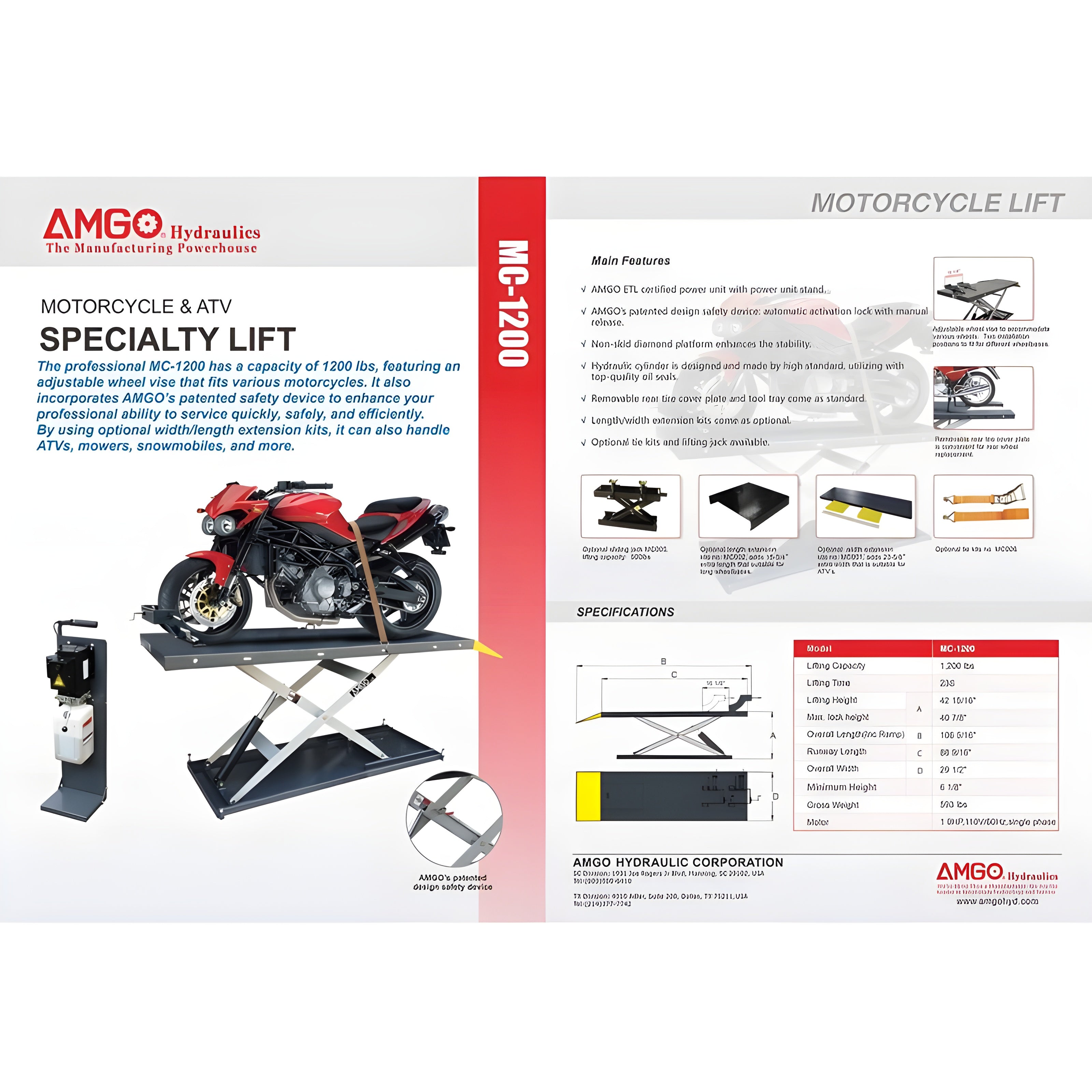 AMGO MC-1200P Motorcycle & ATV Lift - MC-1200P