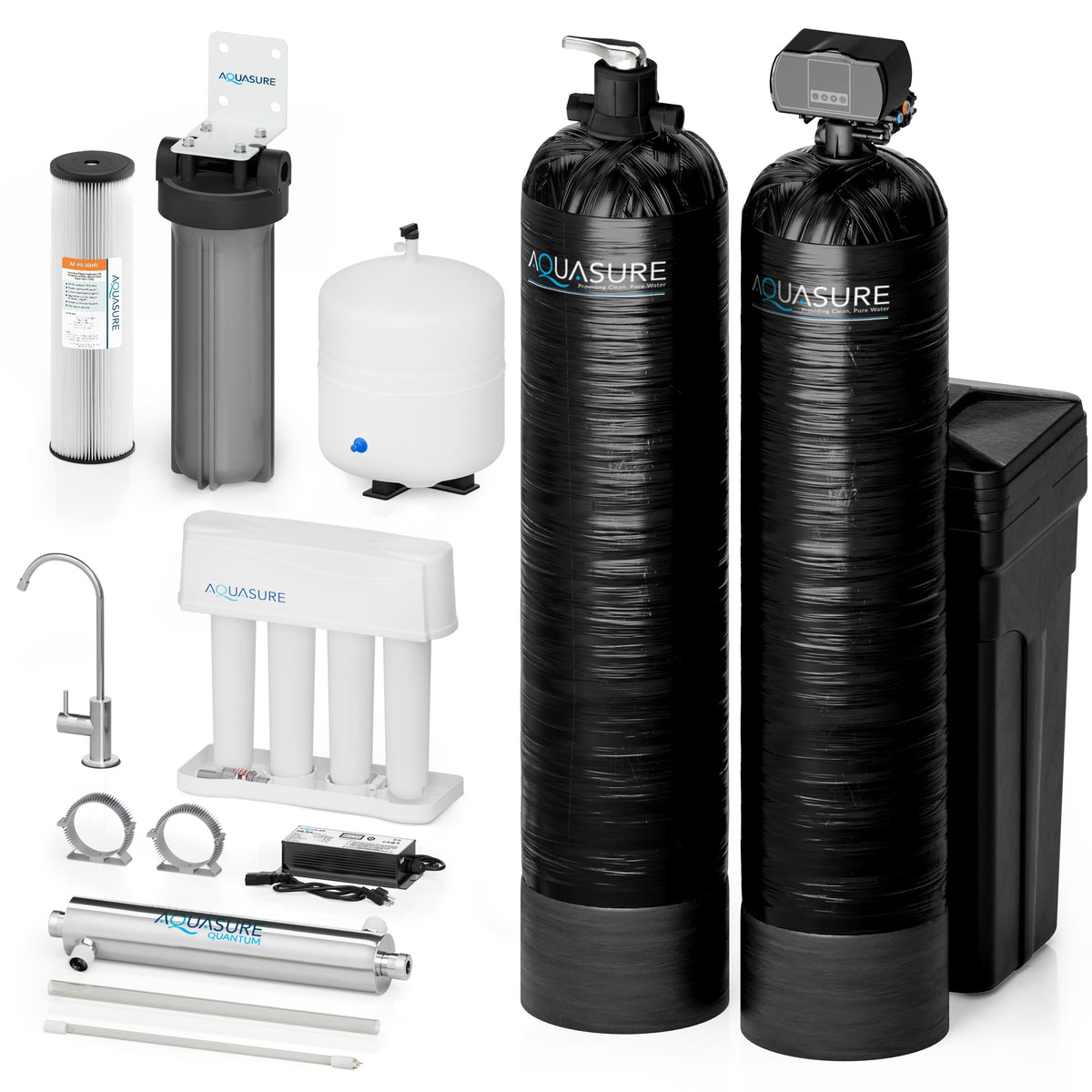 Aquasure Signature Elite | 5-in-1 Whole House Water Treatment Bundle with 72,000 Grains Fine Mesh Resin Softener and 18 GPM UV Sterilizer - AS-SE2000FMU
