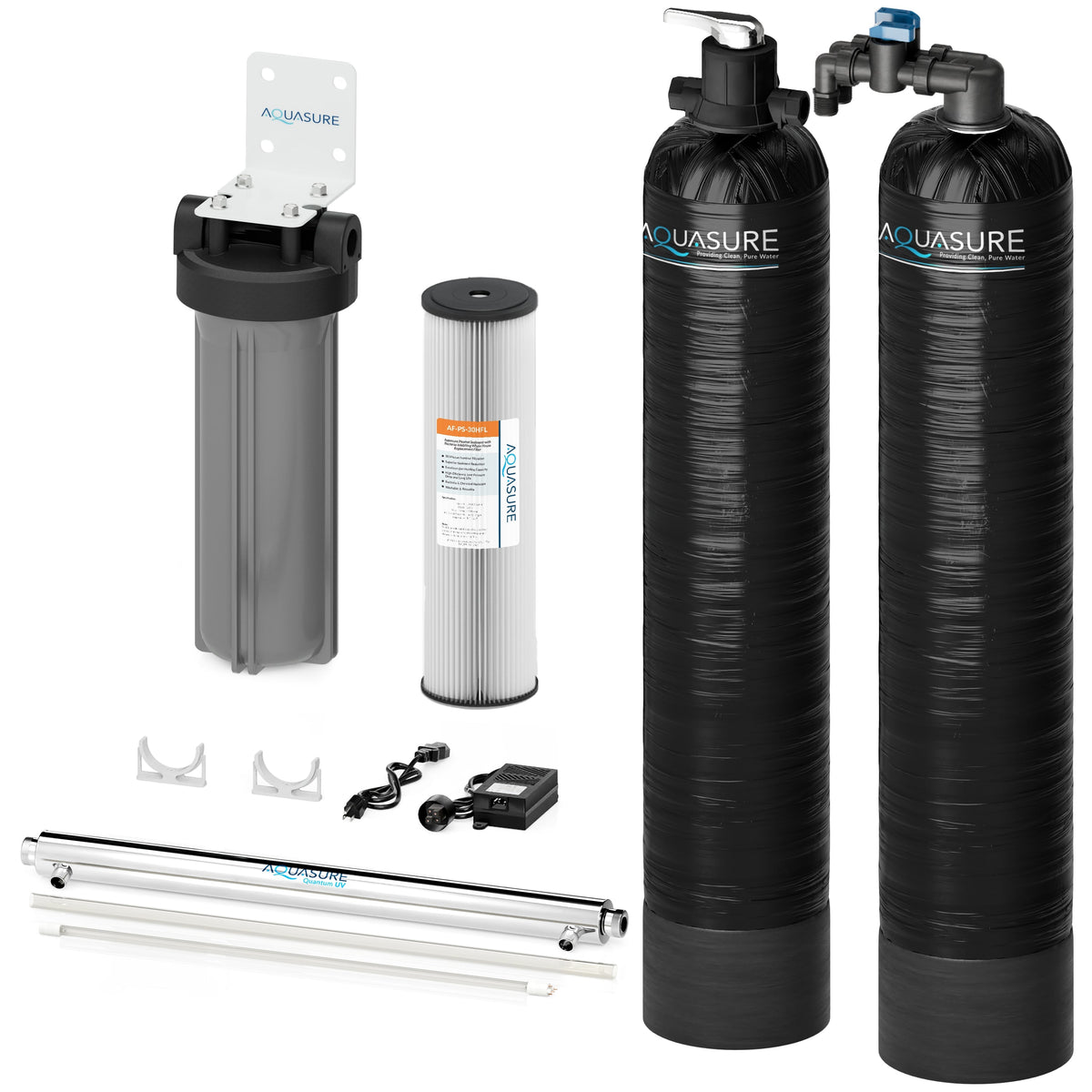 Aquasure Serene Series | 15 GPM Salt-Free Conditioning, Whole House Water Treatment System, Pleated Sediment Pre-Filter and UV Purifier - AS-SF15CKU