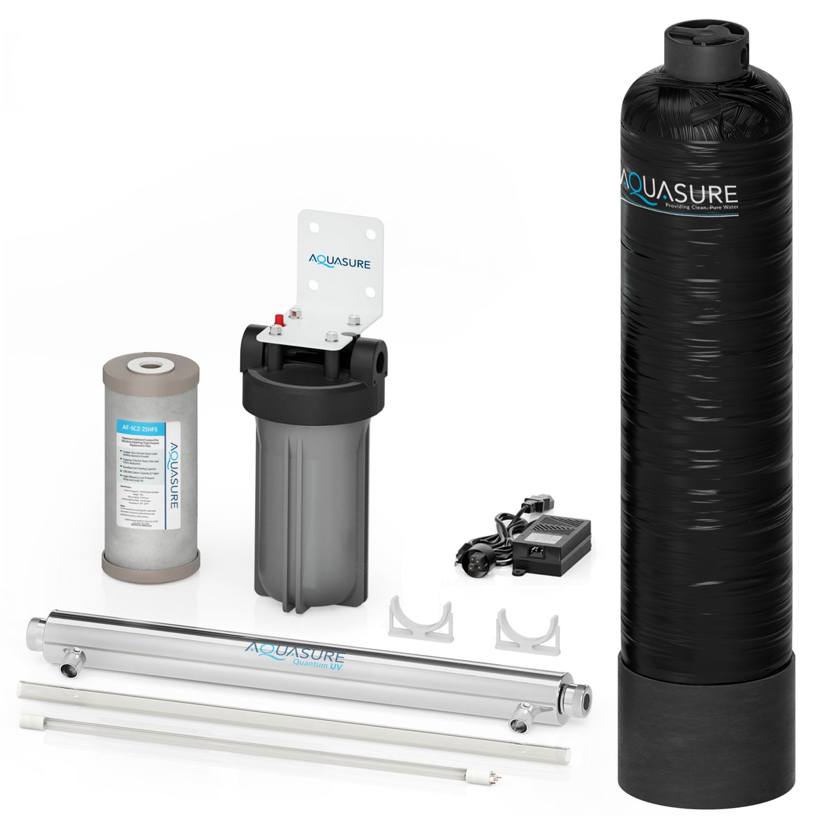 Aquasure Serene Lite Series | 650K Gallons Whole House Salt-Free Water Conditioning/Softening Descaler Bundle with Triple Purpose Filter System and 8 GPM UV De-Activator - AS-SF650U