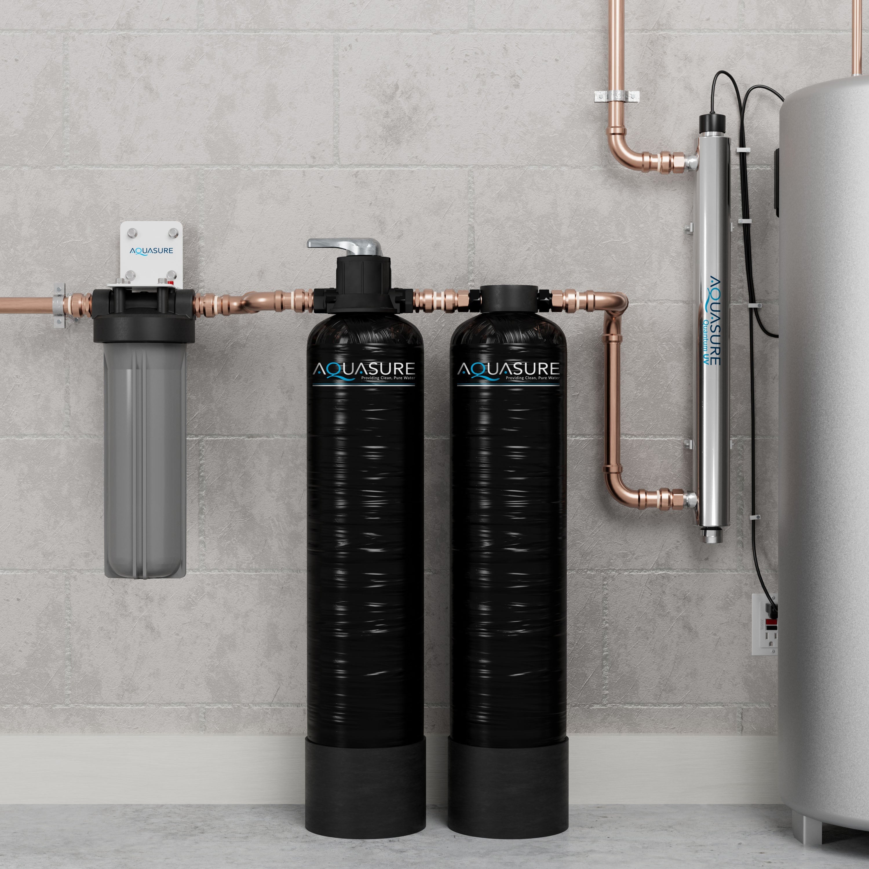 Aquasure Serene Lite Series | 800K Gallons Whole House Salt-Free Conditioning/Softening Descaler Bundle with Water Treatment System, Pleated Sediment Pre-Filter and 8 GPM UV De-Activator - AS-SF800CKU