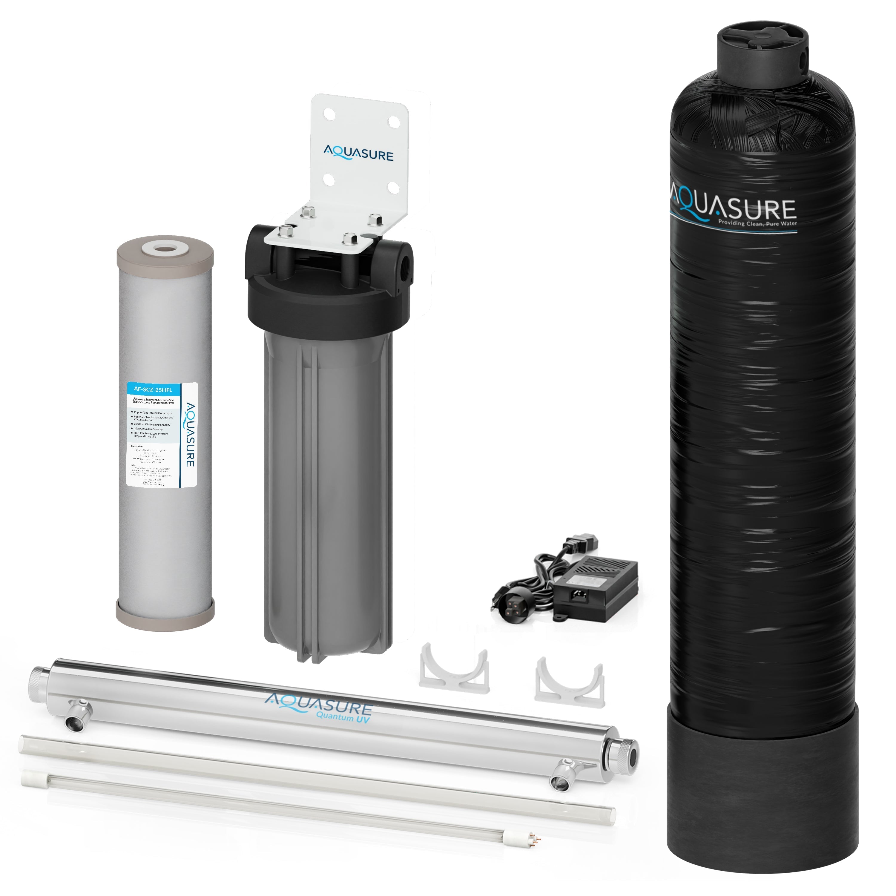 Aquasure Serene Lite Series | 800K Gallons Whole House Salt-Free Water Conditioning/Softening Descaler Bundle with Triple Purpose Filter System and 8 GPM UV De-Activator - AS-SF800U