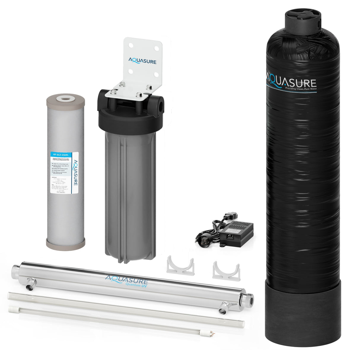 Aquasure Serene Lite Series | 800K Gallons Whole House Salt-Free Water Conditioning/Softening Descaler Bundle with Triple Purpose Filter System and 8 GPM UV De-Activator - AS-SF800U